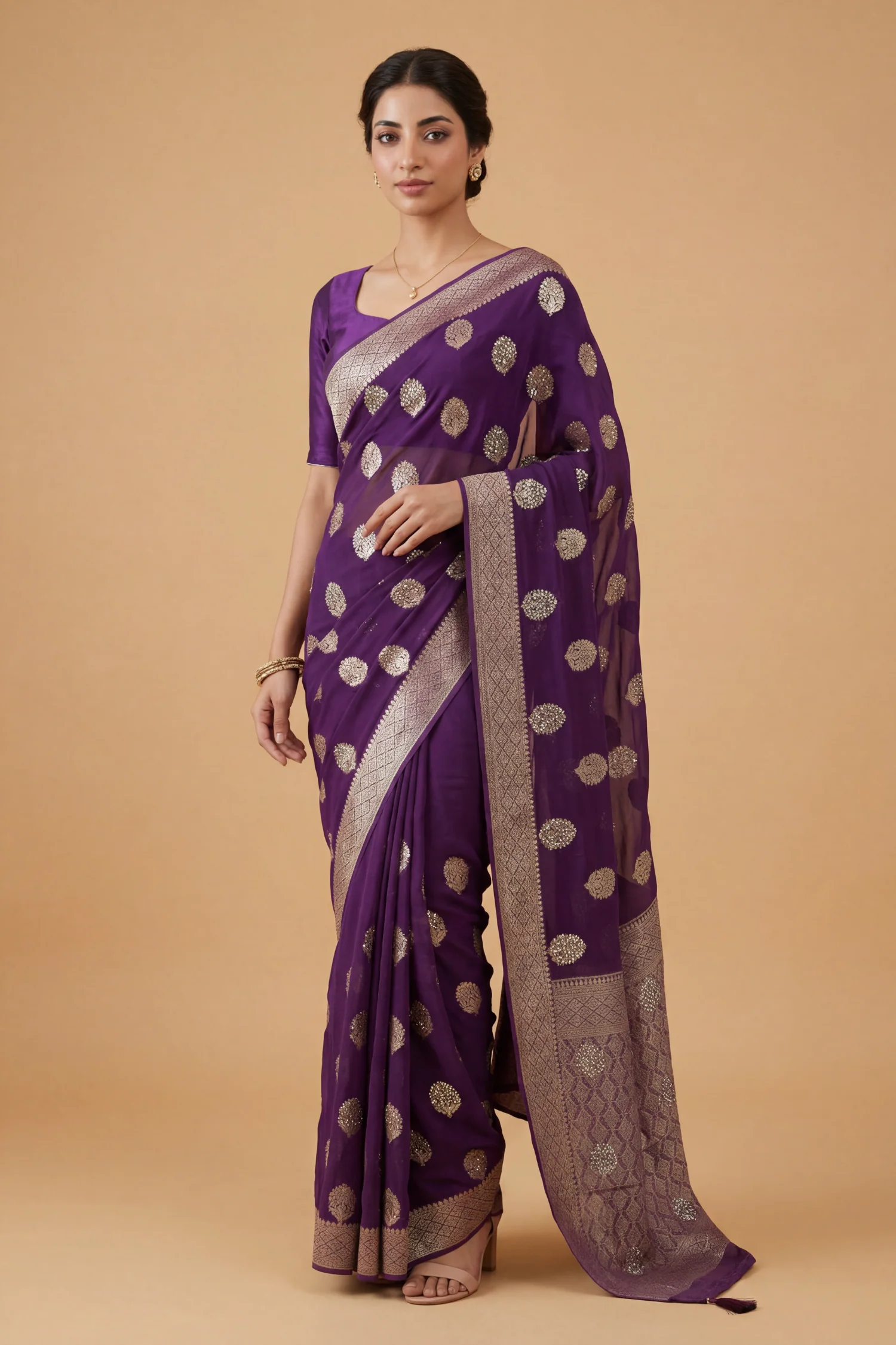 Banarasi Chinon Saree with Swarovski, Zari work.