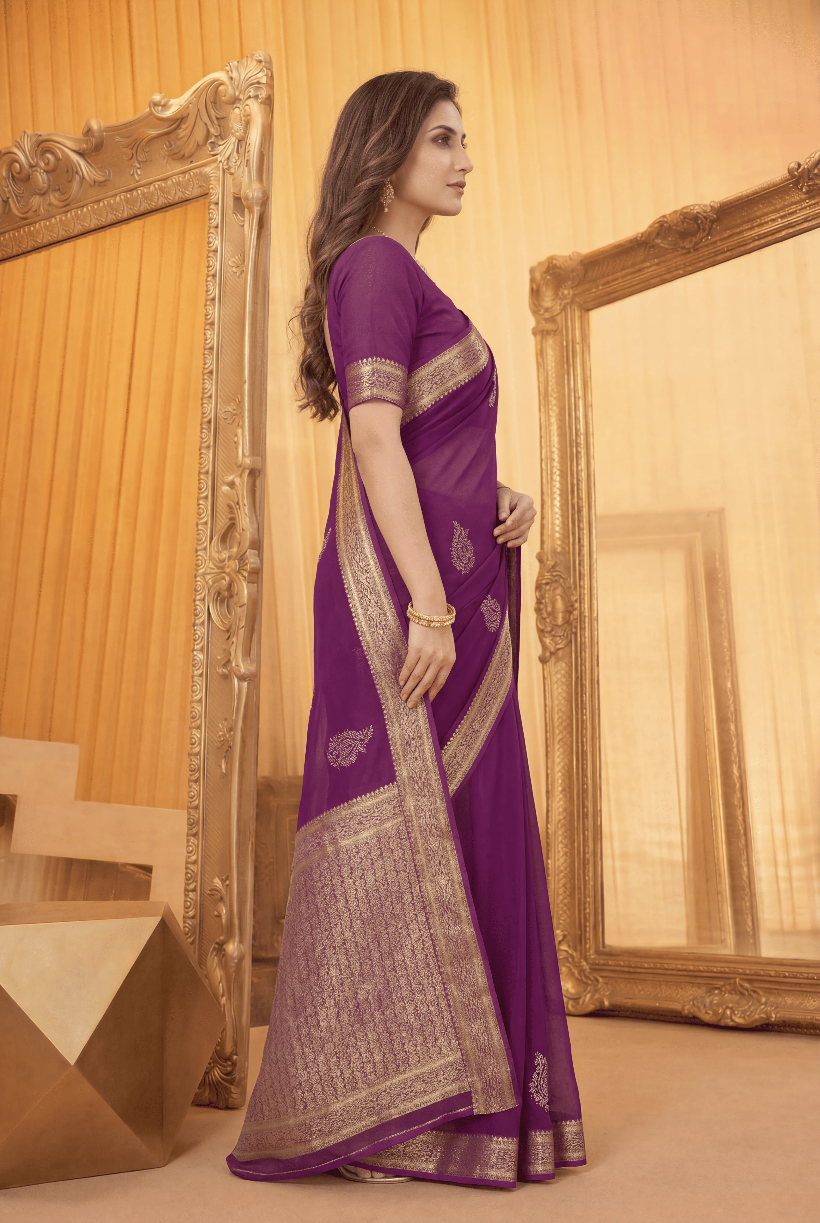 Banarasi Chinon Saree with Swarovski, Zari work. - Image 3