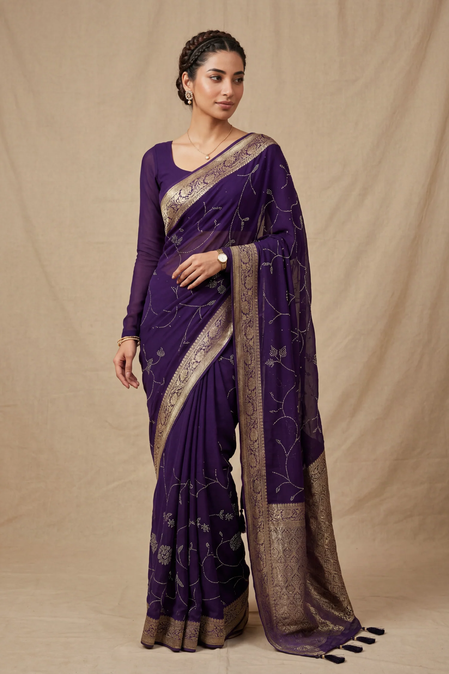 Banarasi Chinon Saree with Swarovski, Zari work.