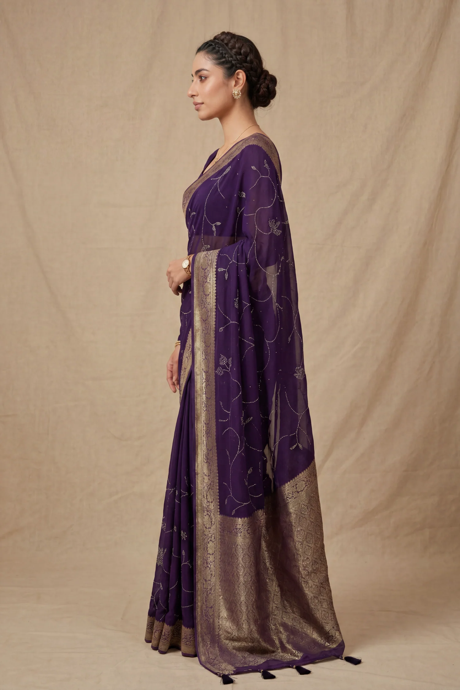 Banarasi Chinon Saree with Swarovski, Zari work. - Image 3