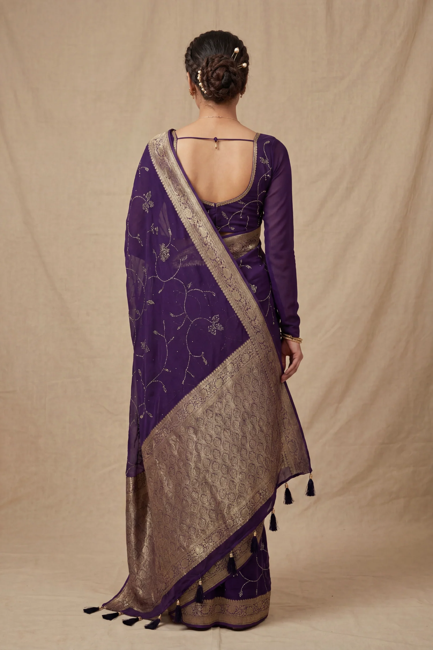 Banarasi Chinon Saree with Swarovski, Zari work. - Image 4