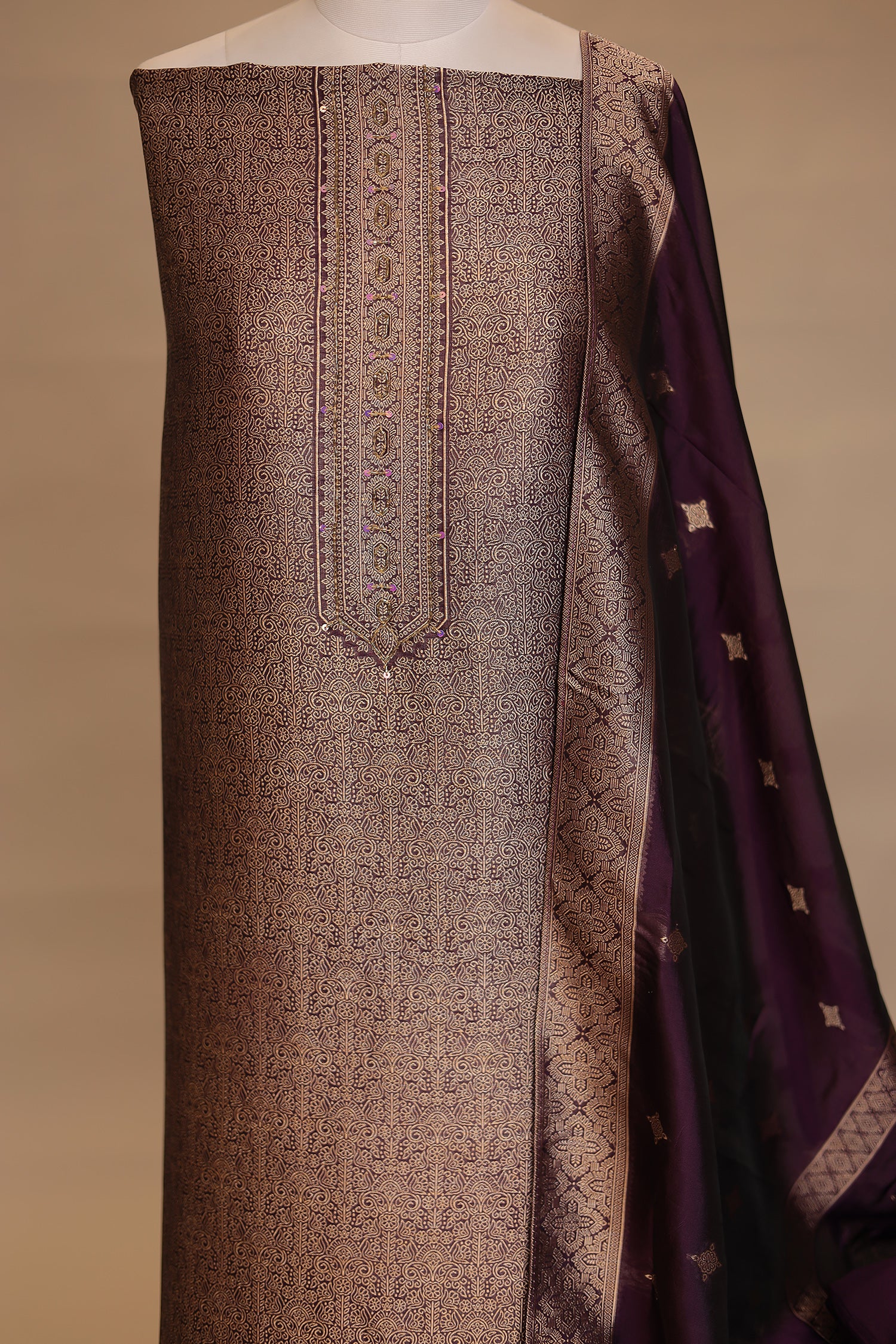 Banarasi silk Unstitched Suit with Cutdana, Sequins work - Image 7