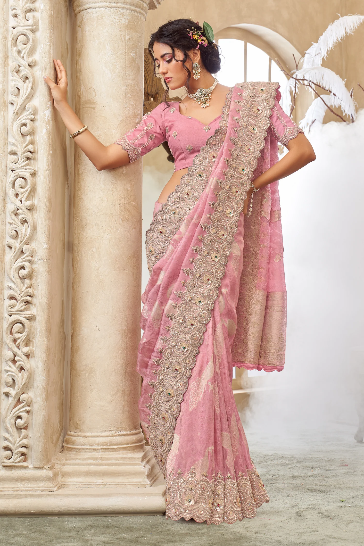 Banarasi Tissue Saree with Zardozi, Dori, Sequins And Stone Work