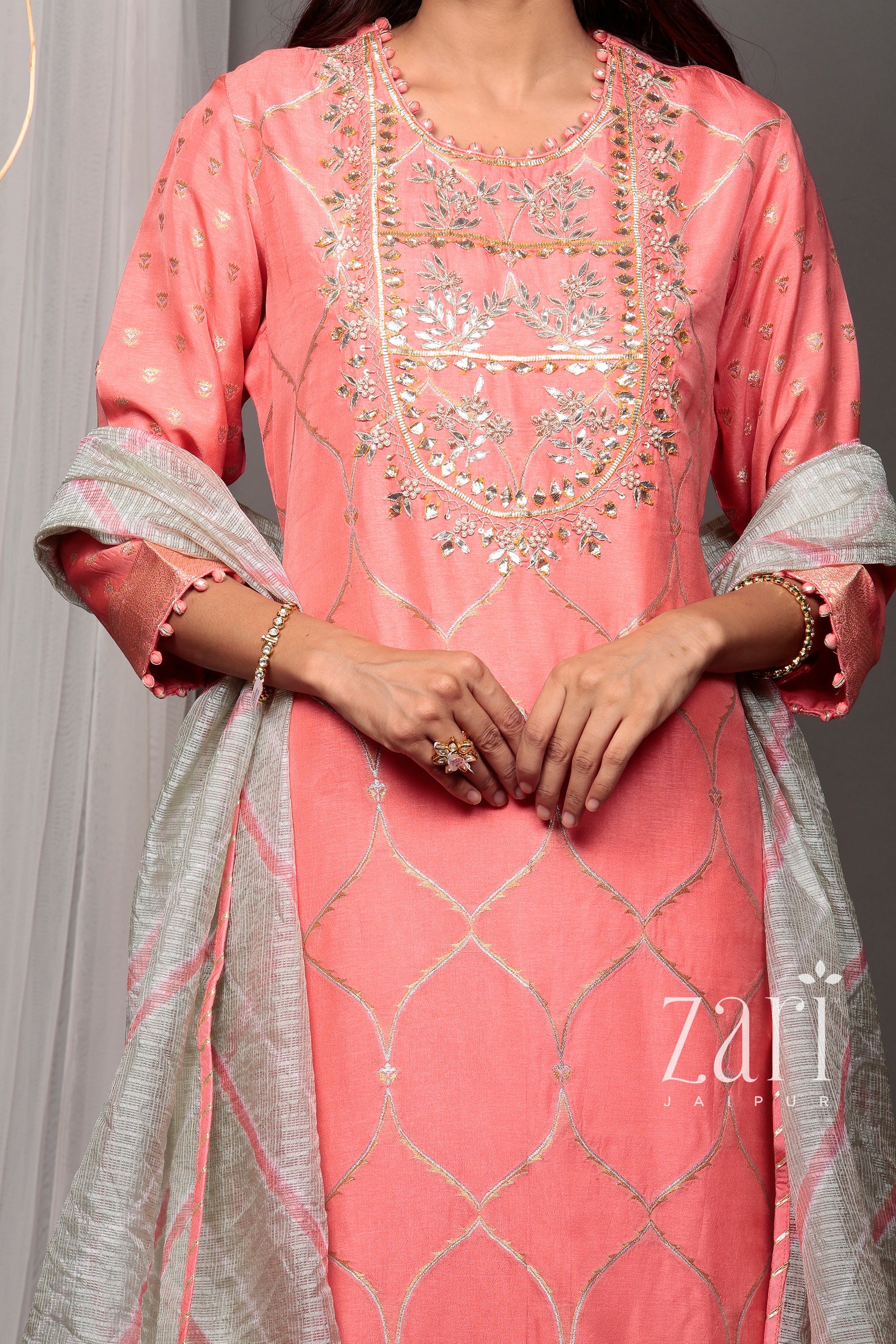 Banarsi Leheriya Banarasi brocade Suit with Gota, Gota Patti, Pearl, Sequins, Zardozi work. - Image 6