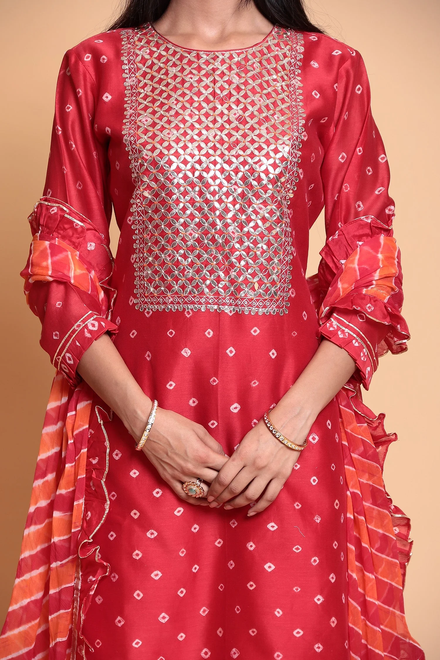 Bandhej Chanderi Suit Stitched with Gota Patti work. - Image 6
