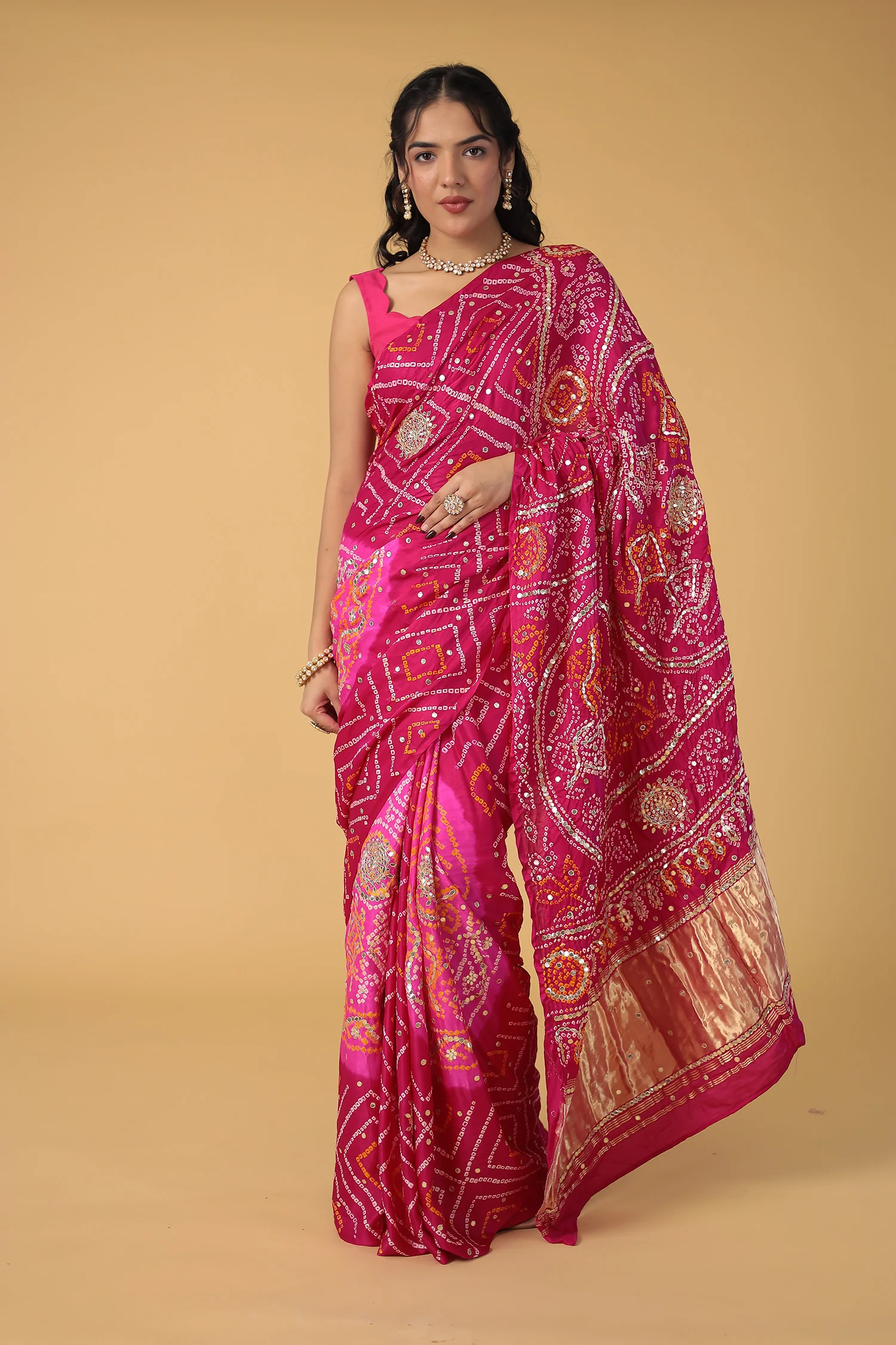 Elegant Gajji Silk Bandhej Saree with Aari and Gota work - Image 6