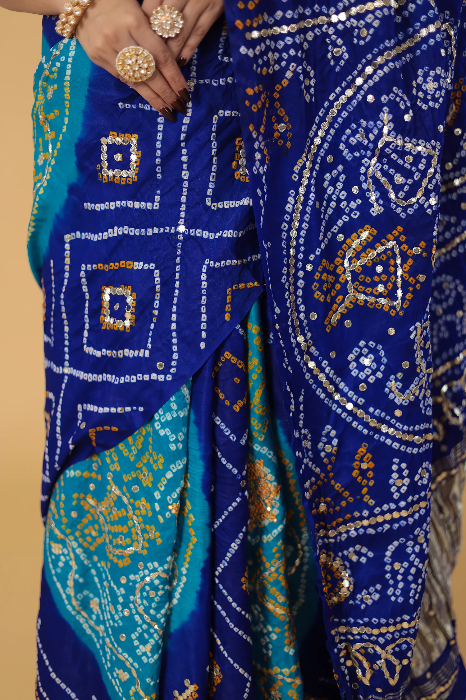 Elegant Gajji Silk Bandhej Saree with Aari and Gota work - Image 10