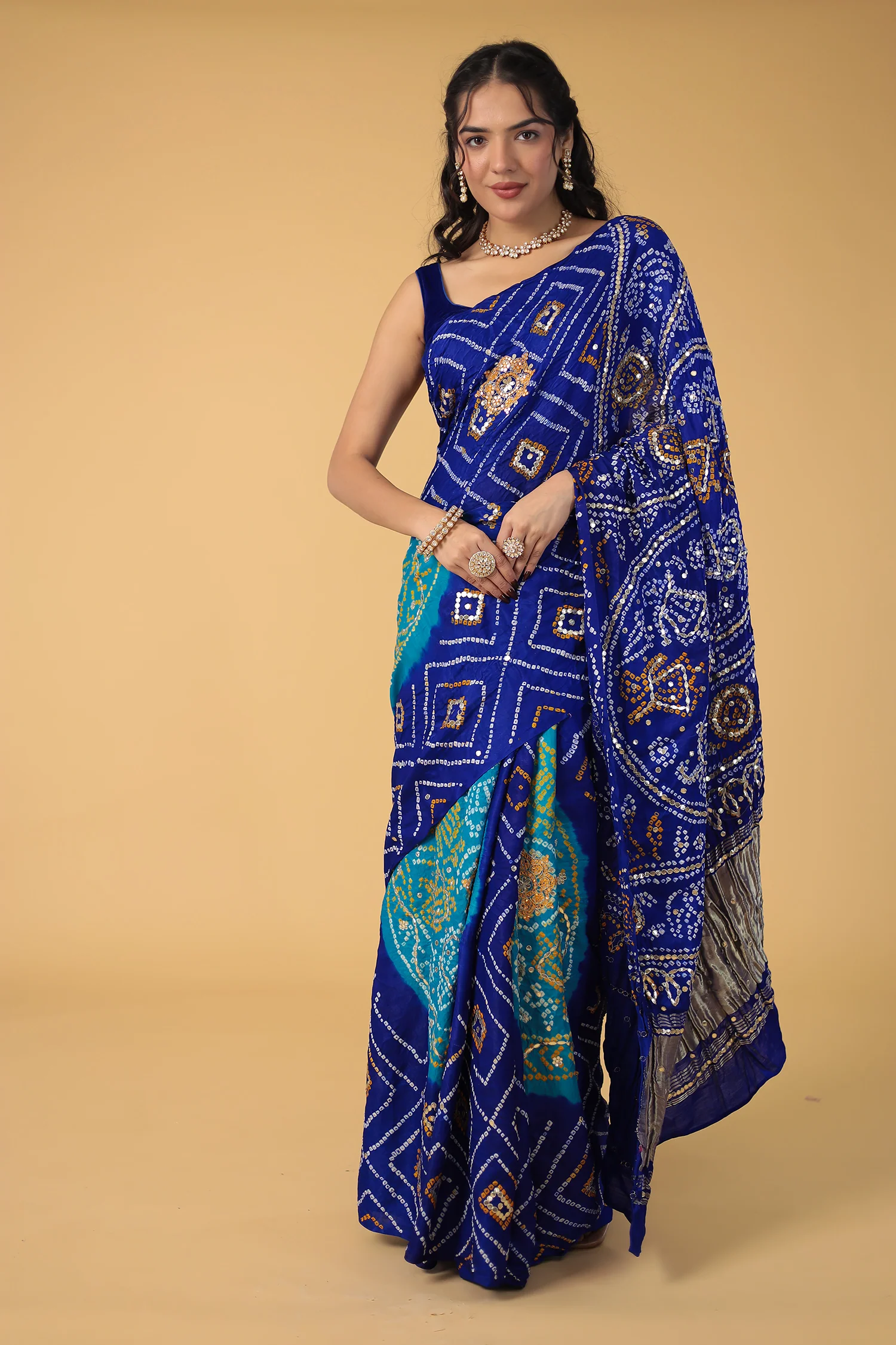 Elegant Gajji Silk Bandhej Saree with Aari and Gota work - Image 7