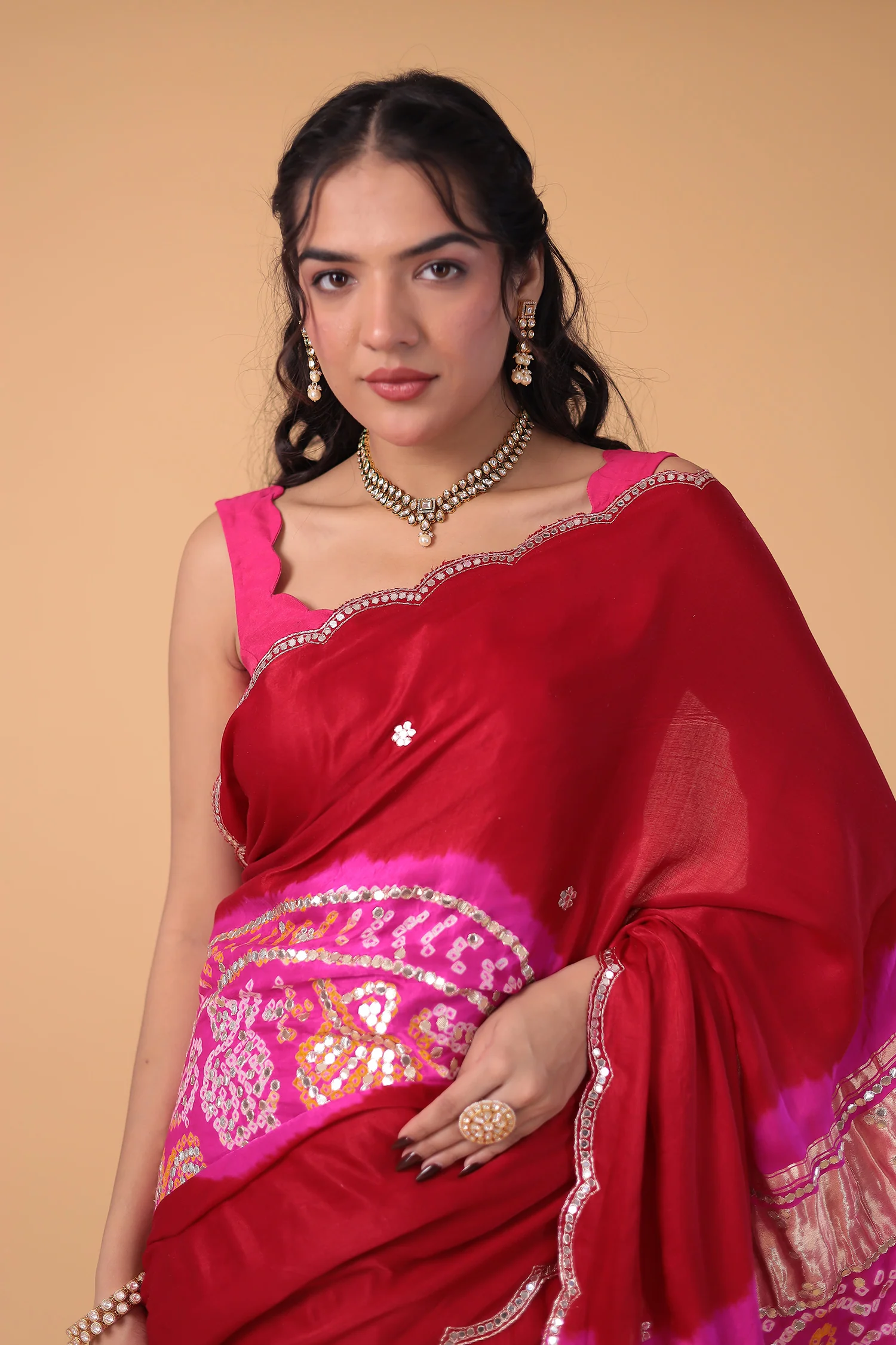 Timeless Bandhej Gajji Silk Saree with Aari and Mirror work. - Image 2