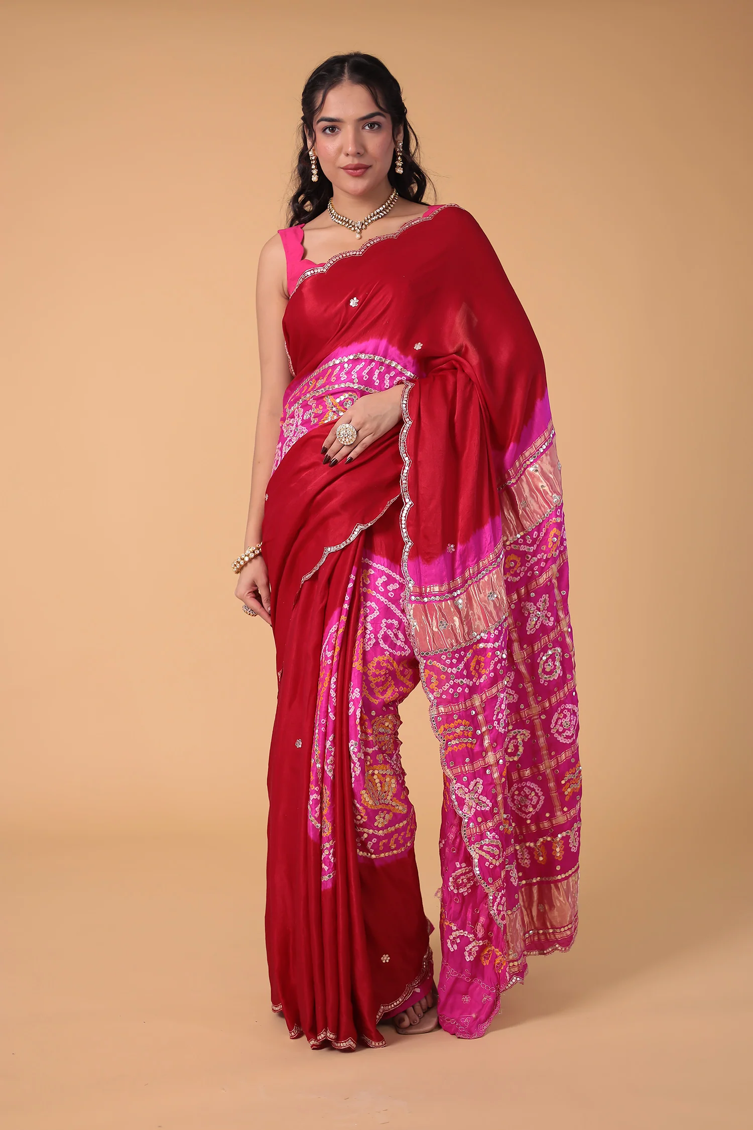 Timeless Bandhej Gajji Silk Saree with Aari and Mirror work. - Image 3