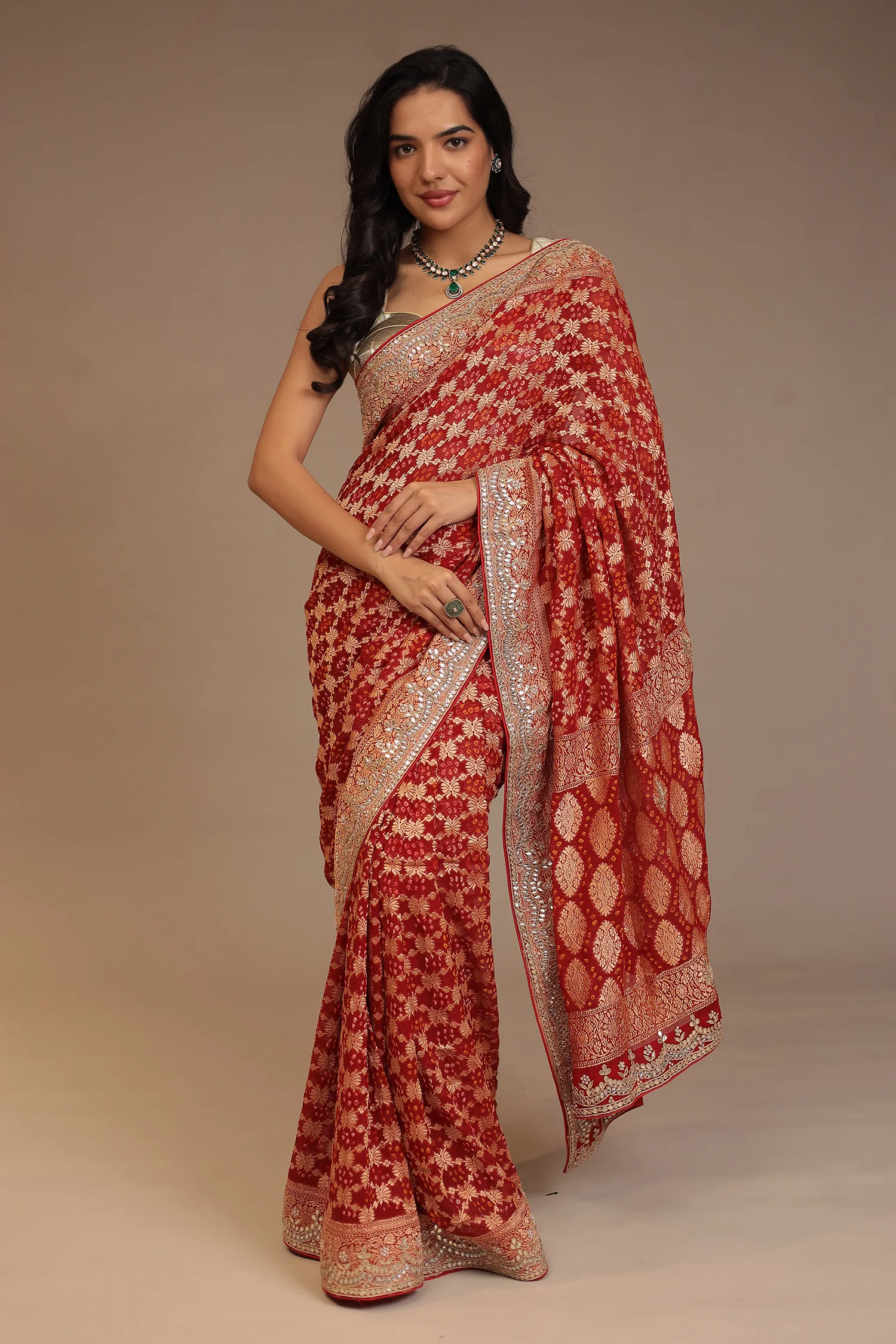 Bandhej Georgette Saree with Dori, Gota, Gota Patti, Pearl, Zardozi work.