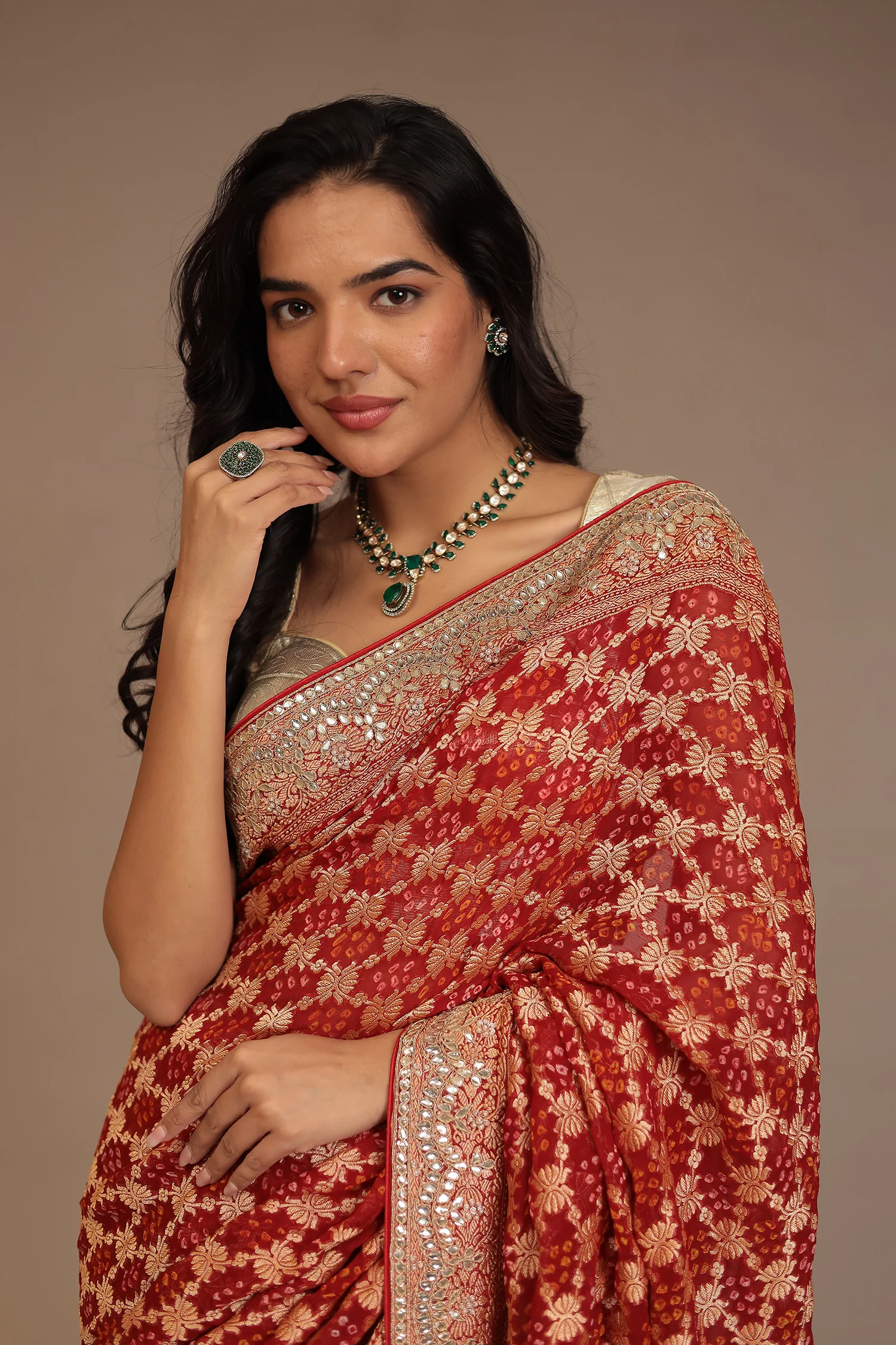 Bandhej Georgette Saree with Dori, Gota, Gota Patti, Pearl, Zardozi work. - Image 2