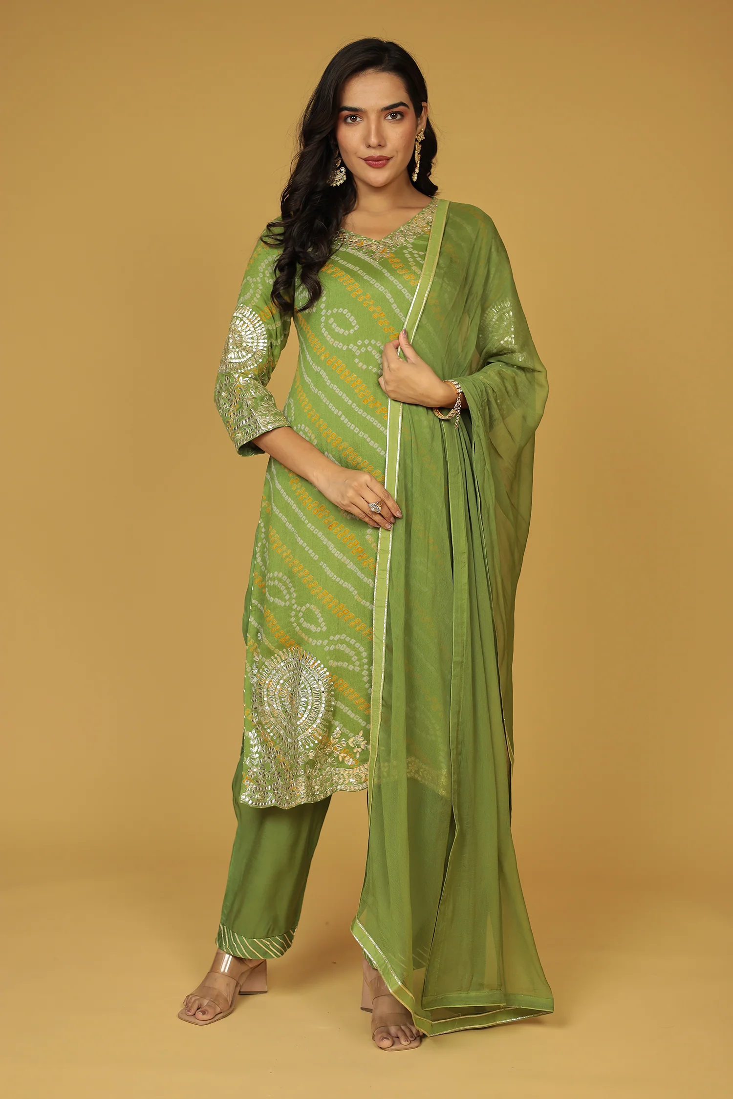 Bandhej Georgette Straight Suit with Aari and Gota Patti work