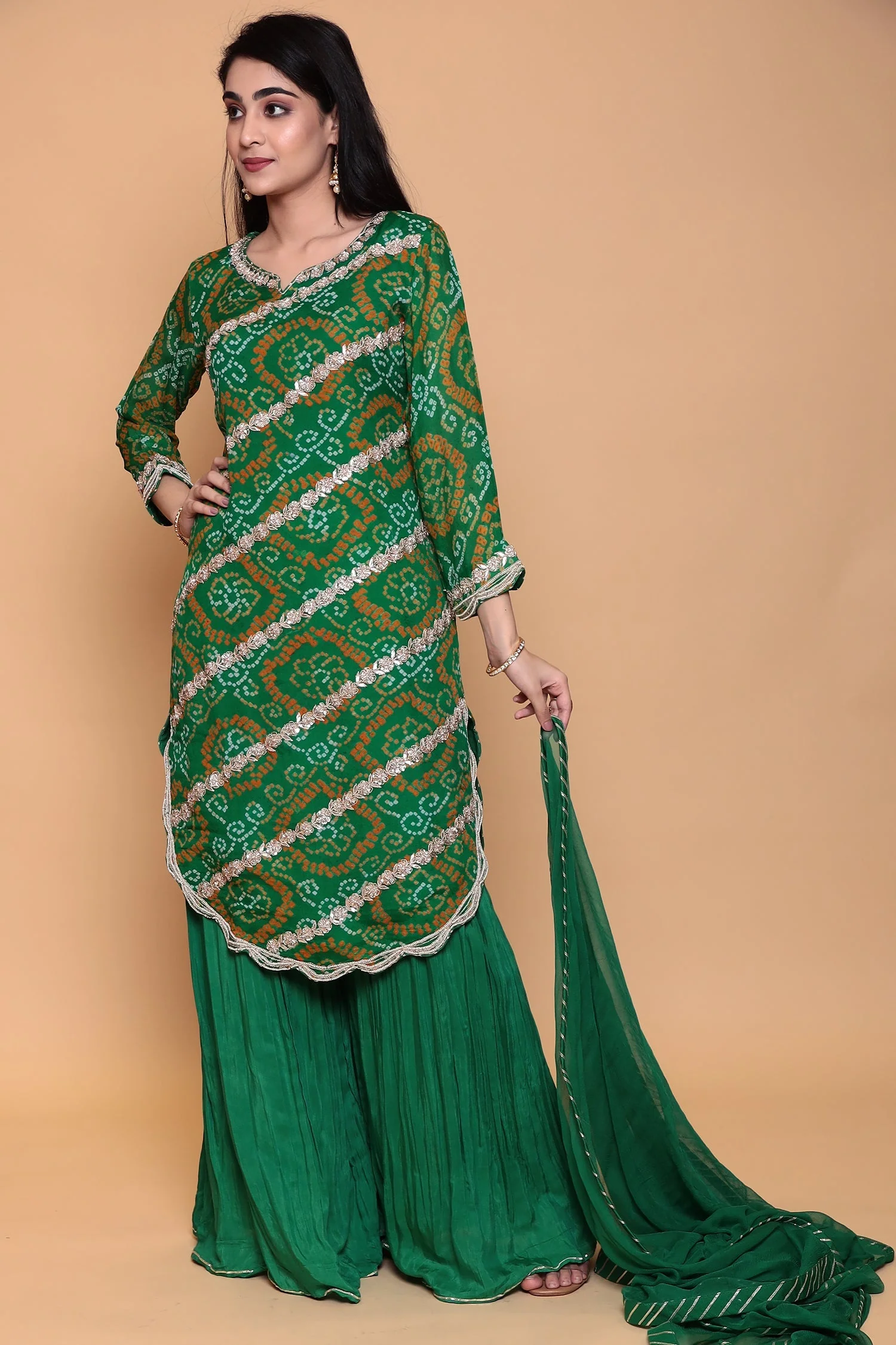 Bandhej Georgette Sharara Suit with Gota Patti work. - Image 3