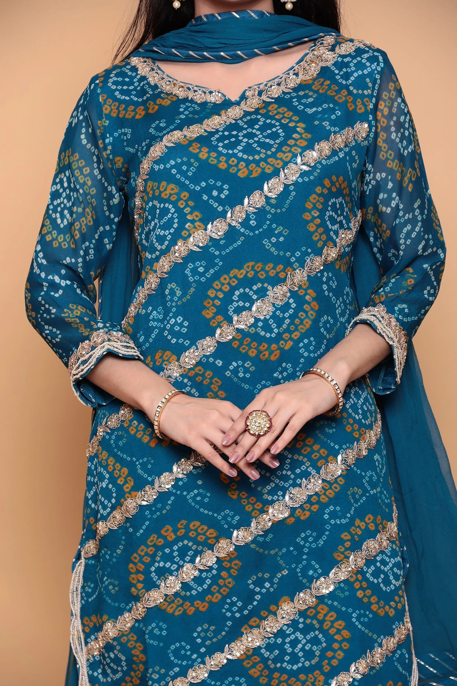 Bandhej Georgette Sharara Suit with Gota Patti work. - Image 6