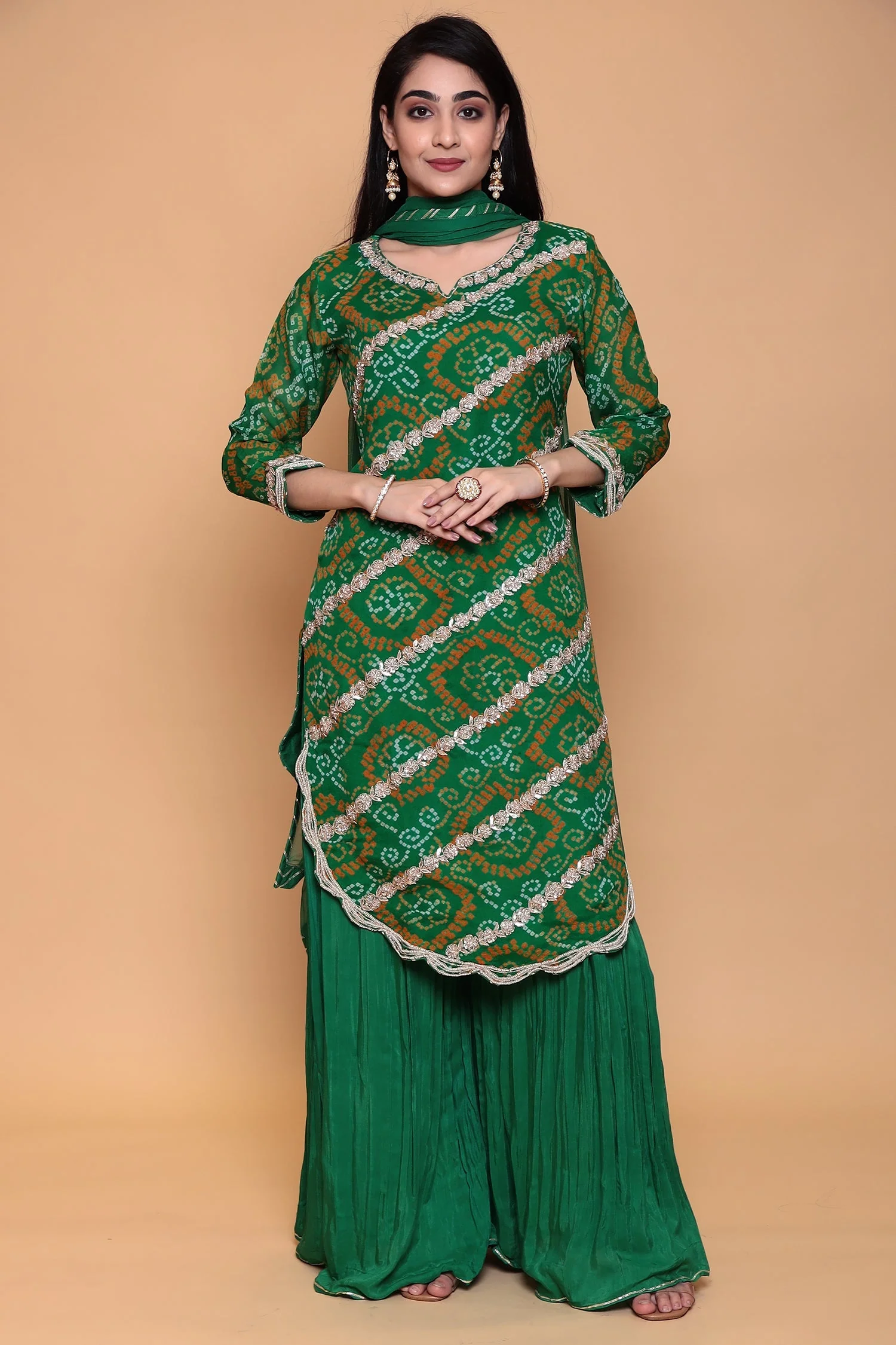 Bandhej Georgette Sharara Suit with Gota Patti work. - Image 5
