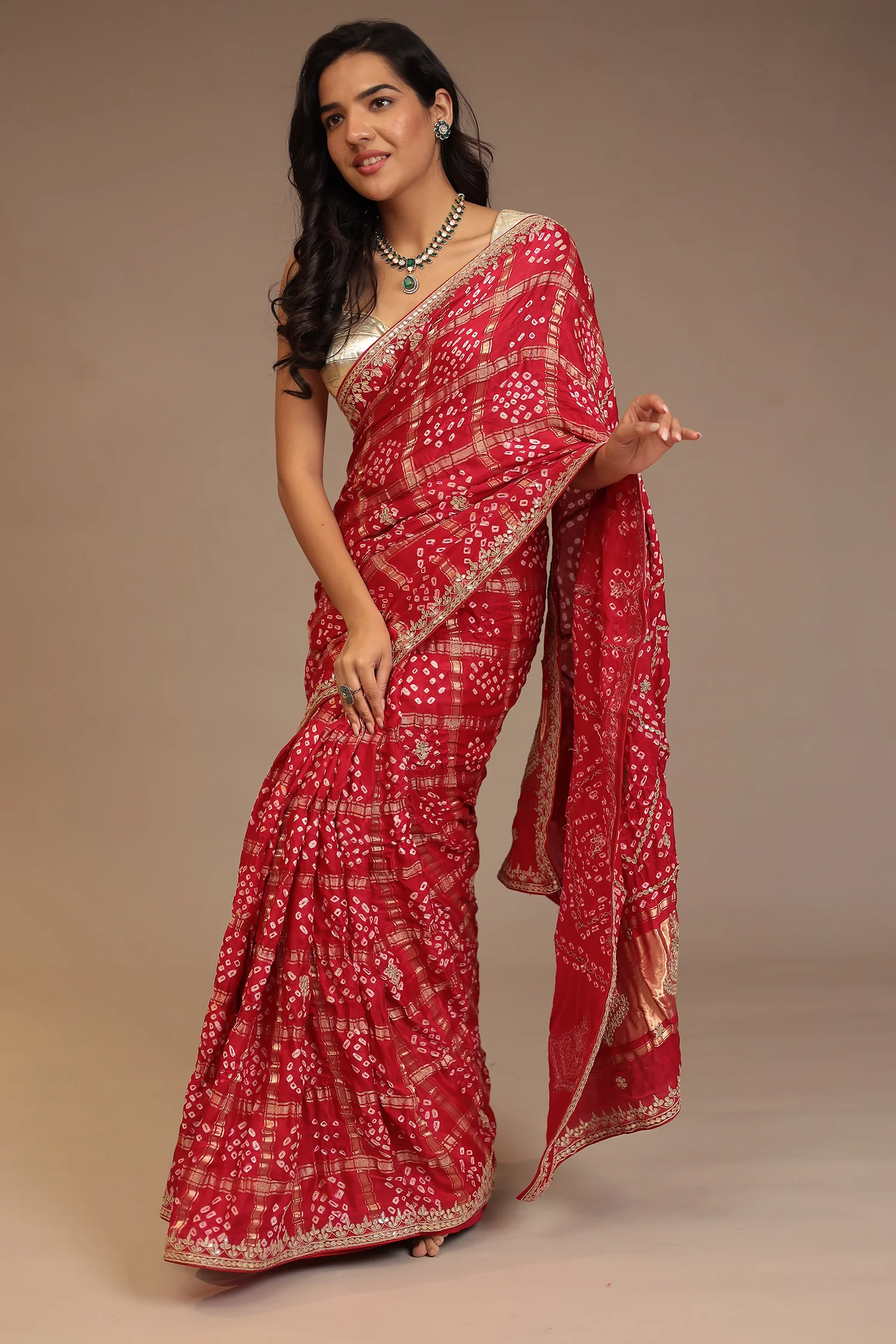 Bandhej Ghatchola Gajji silk Saree with Dori, Gota Patti work. - Image 5