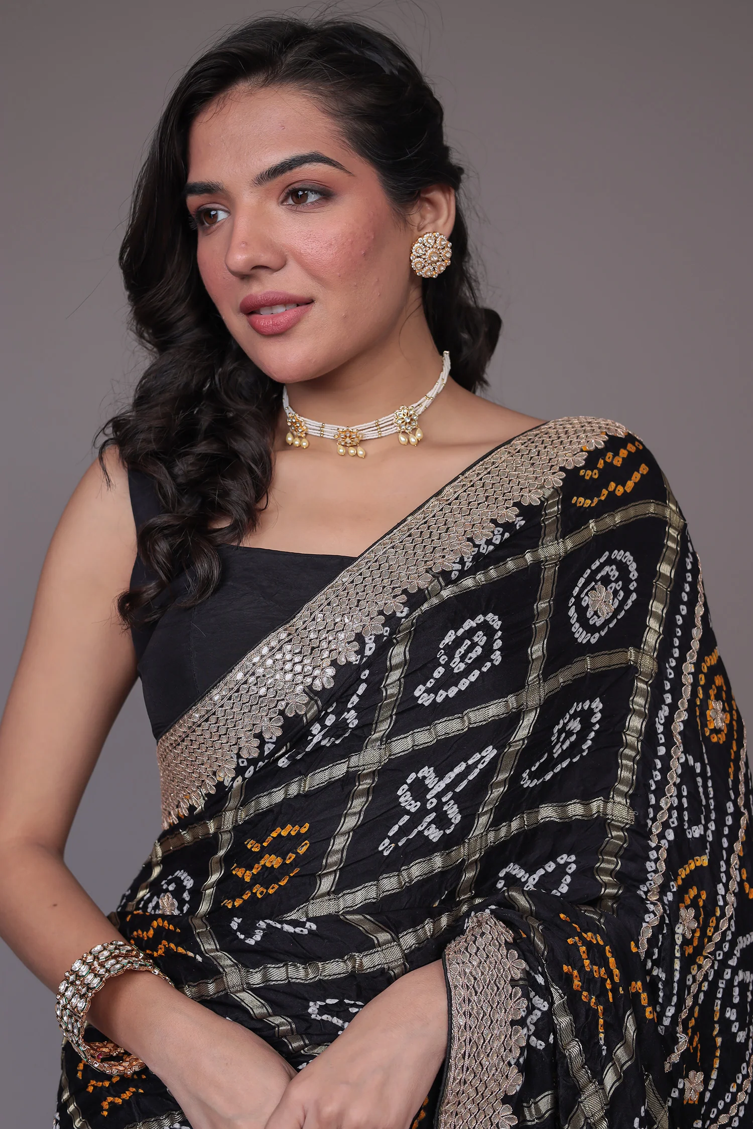 Bandhej Black Ghatchola Silk Saree with Gota Patti work - Image 2