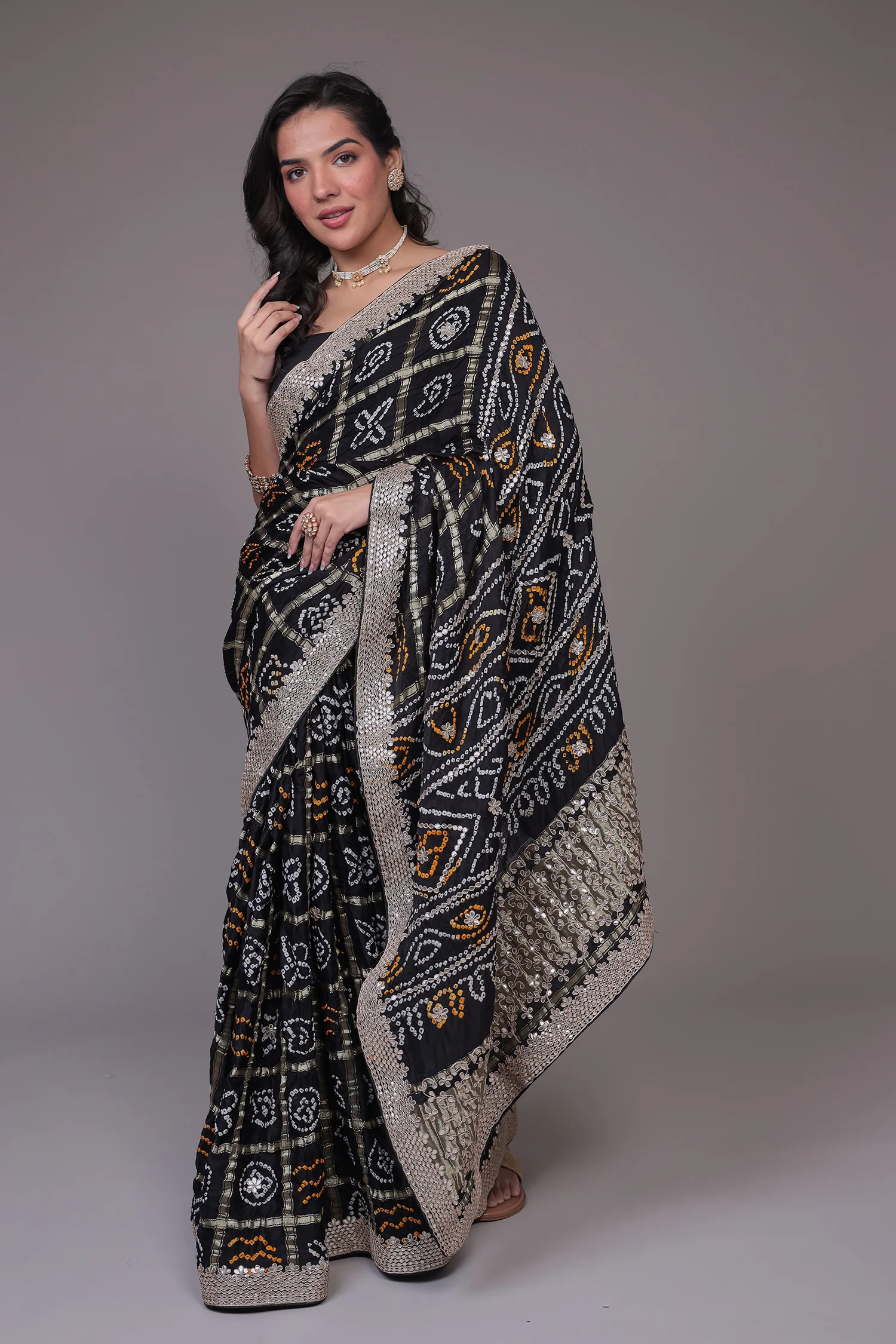 Bandhej Black Ghatchola Silk Saree with Gota Patti work - Image 5