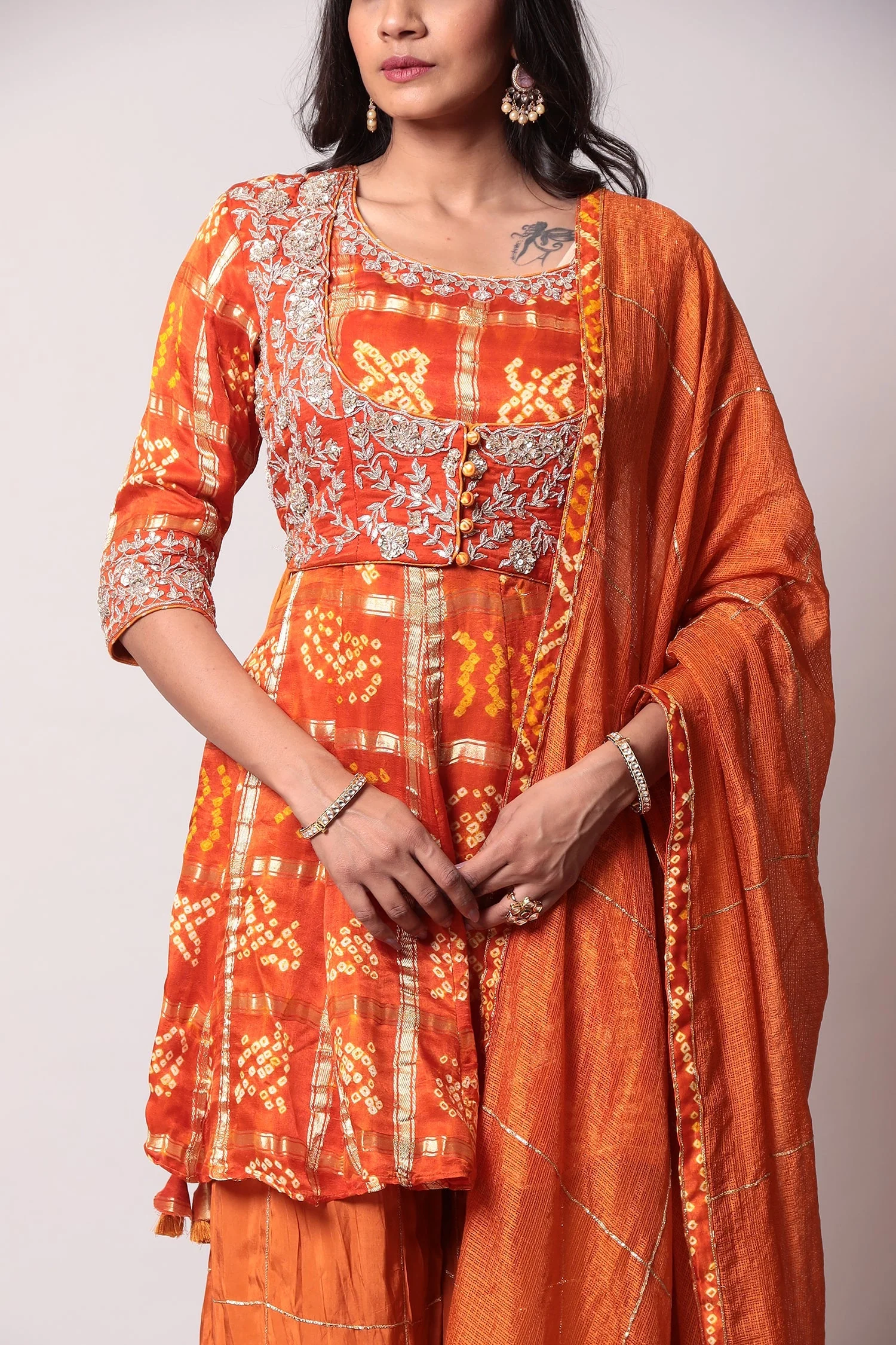Peplum Ghatchola Bandhej silk Suit with Gota Patti work. - Image 2