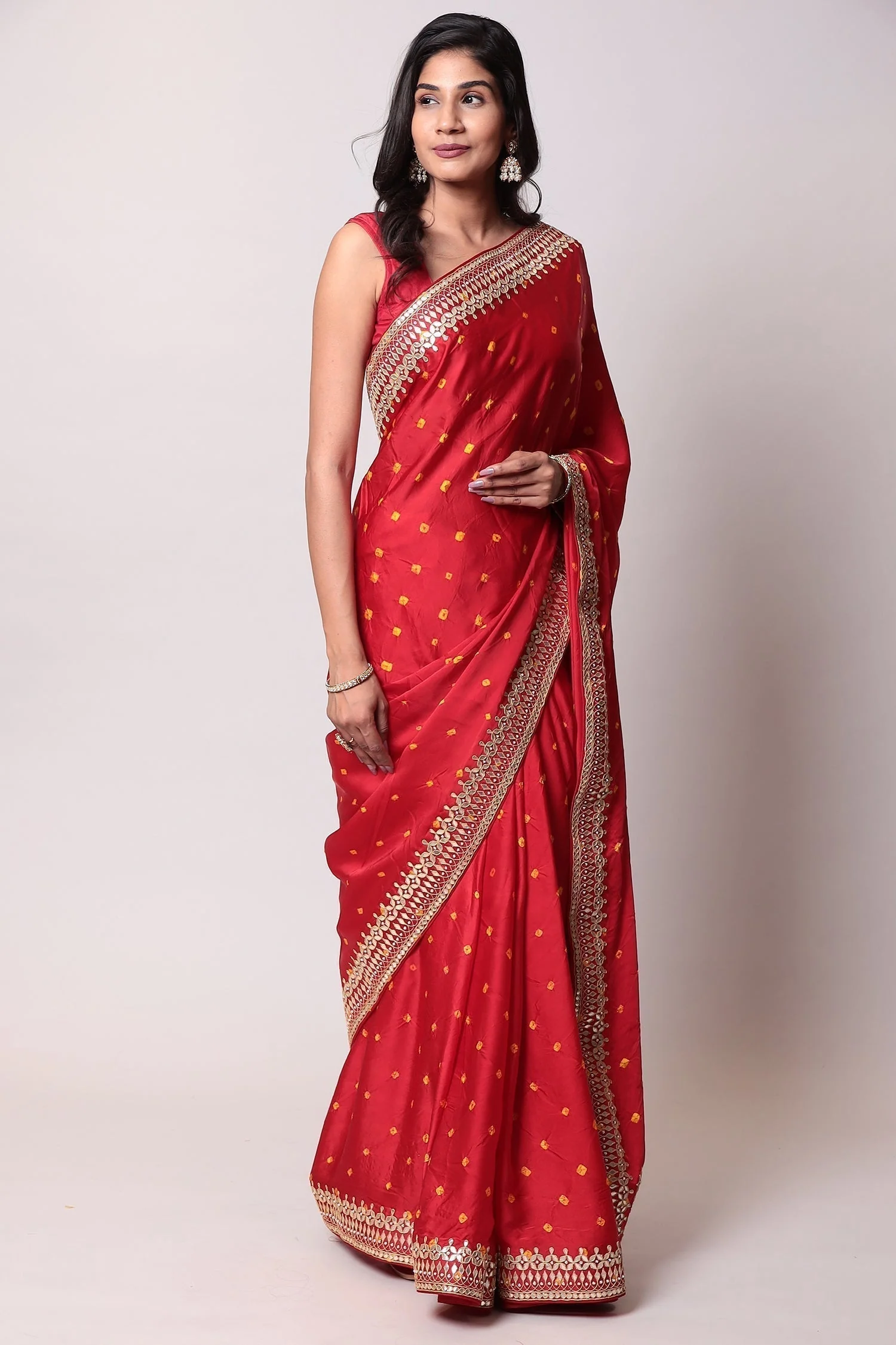 Bandhej Satin silk Saree with Gota Patti work. - Image 2