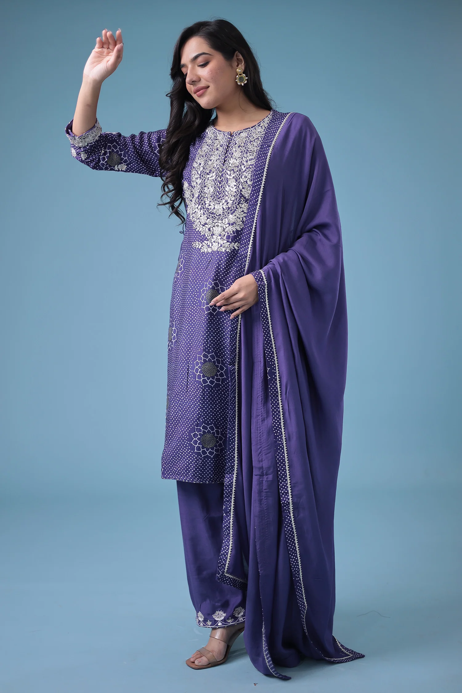 Embroidered Bandhej Satin Silk Suit with Gota Patti work. - Image 15