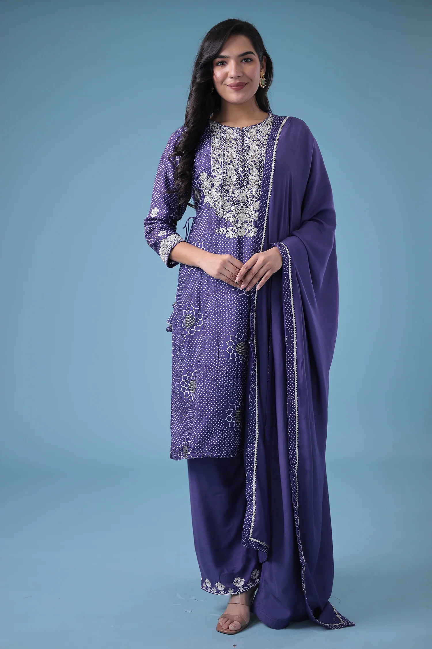 Embroidered Bandhej Satin Silk Suit with Gota Patti work. - Image 19
