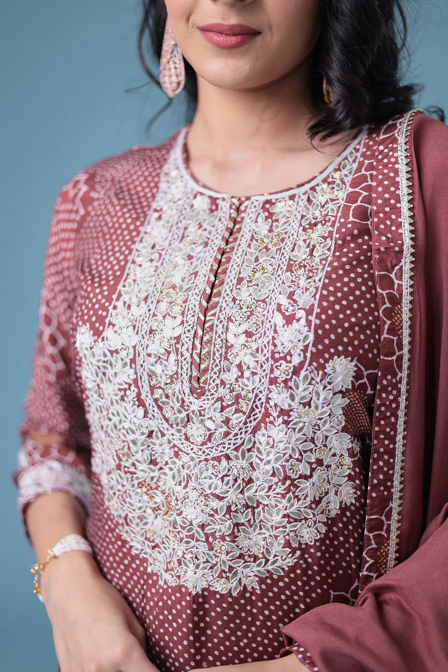 Embroidered Bandhej Satin Silk Suit with Gota Patti work. - Image 5