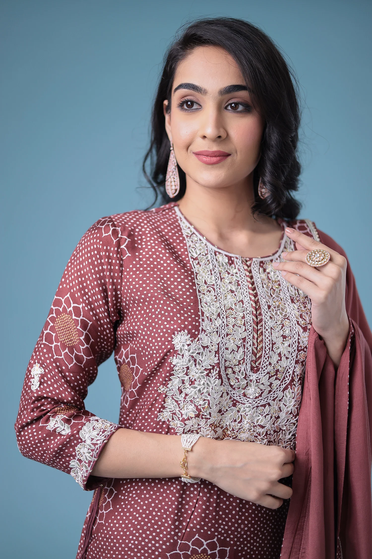 Embroidered Bandhej Satin Silk Suit with Gota Patti work. - Image 16