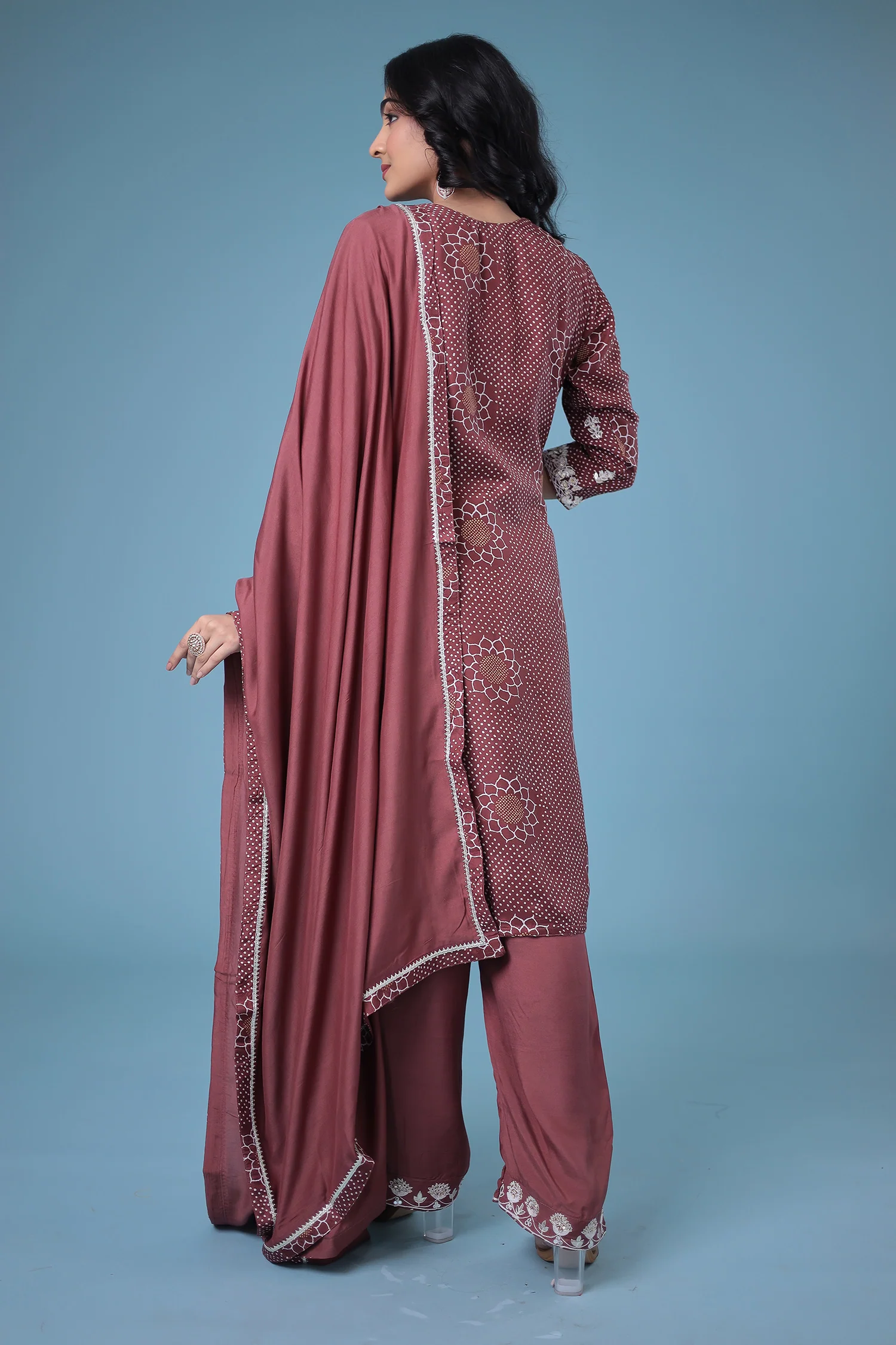 Embroidered Bandhej Satin Silk Suit with Gota Patti work. - Image 21
