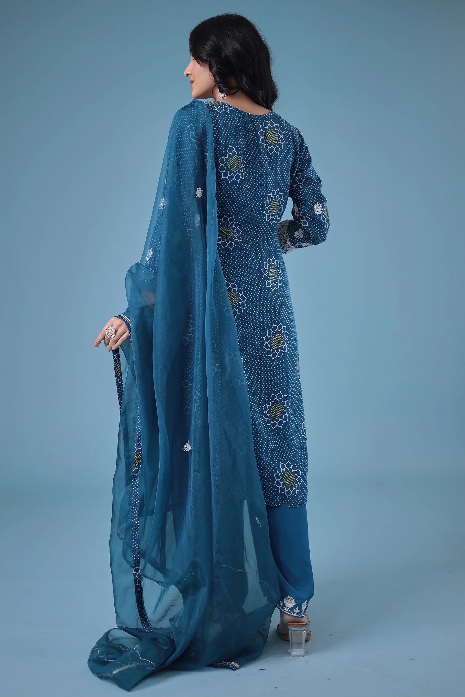 Embroidered Bandhej Satin Silk Suit with Gota Patti work. - Image 7