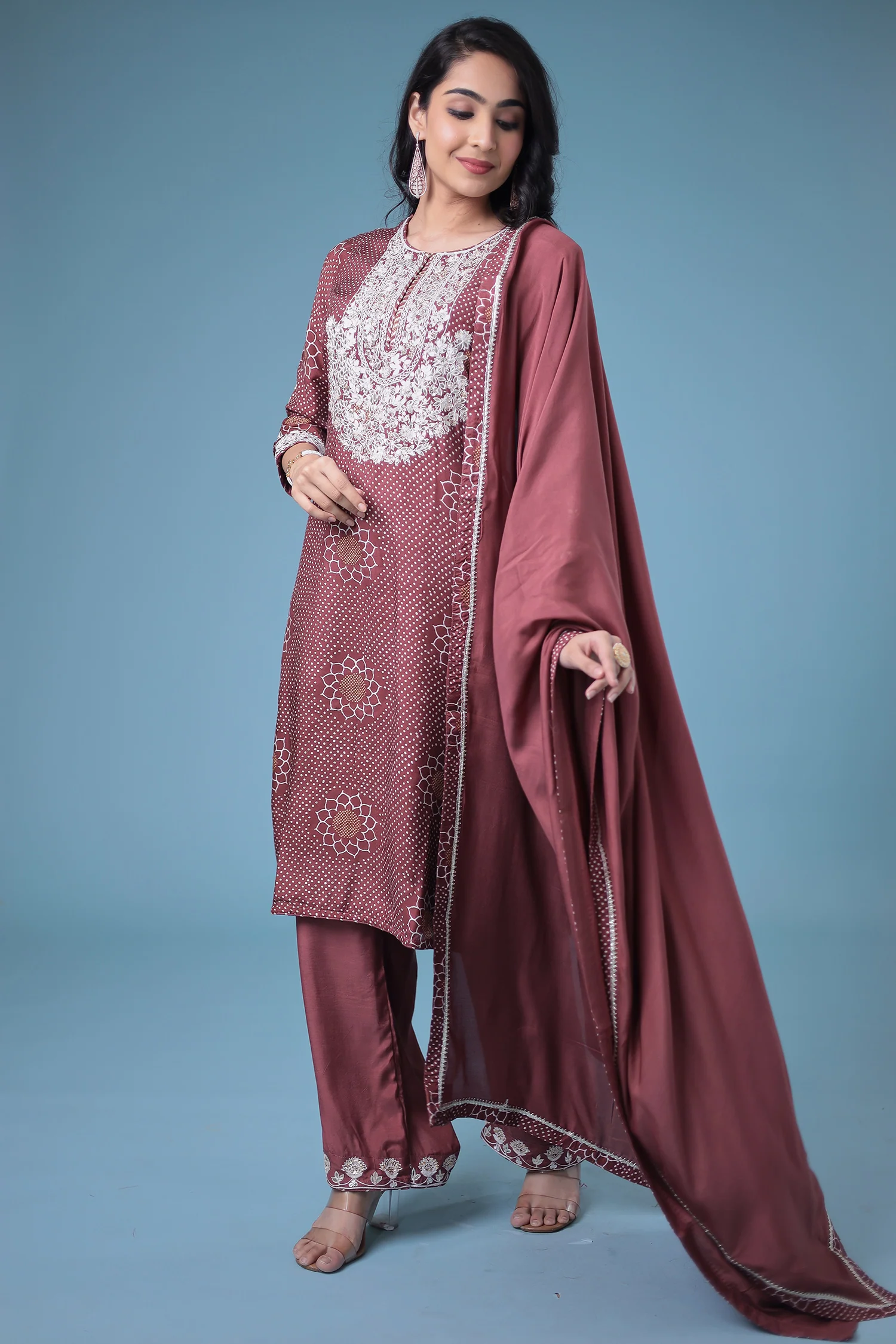 Embroidered Bandhej Satin Silk Suit with Gota Patti work. - Image 11