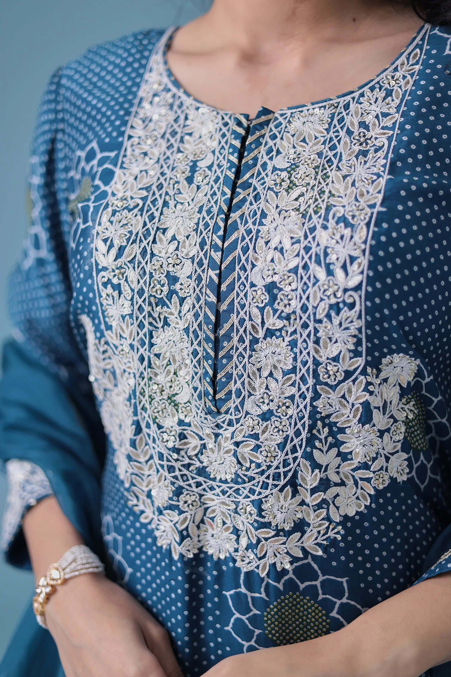 Embroidered Bandhej Satin Silk Suit with Gota Patti work. - Image 18