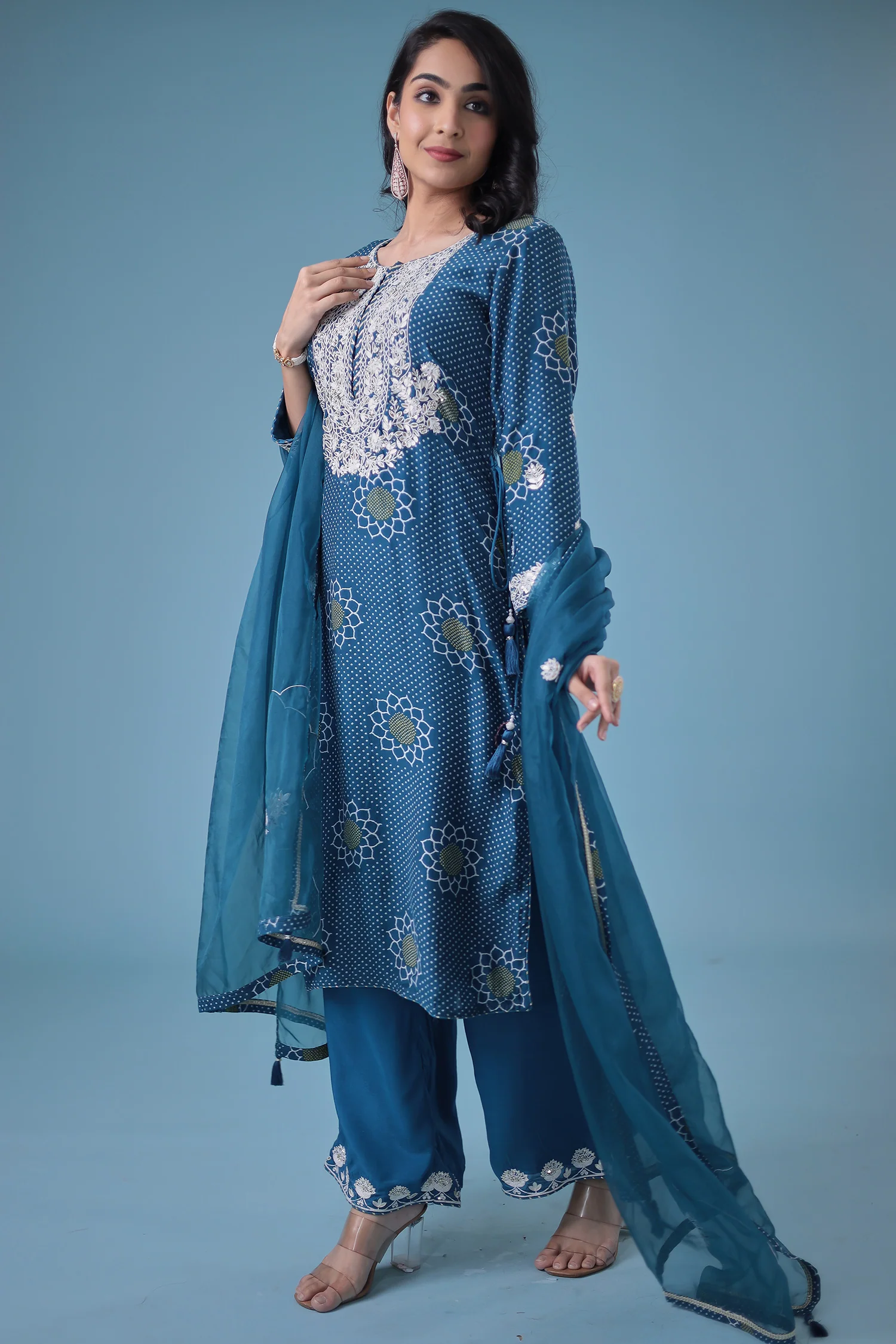 Embroidered Bandhej Satin Silk Suit with Gota Patti work. - Image 19