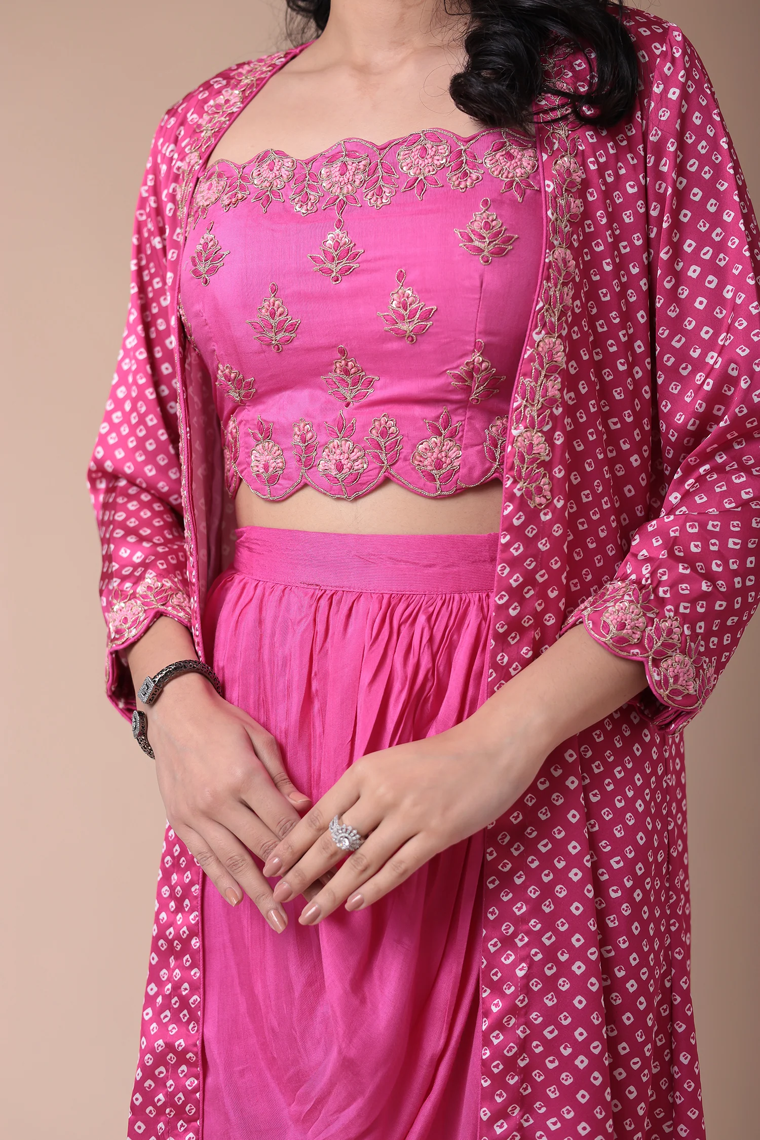 Bandhej Silk Jacket Style Indowestern with Dori and Embroidered work. - Image 11