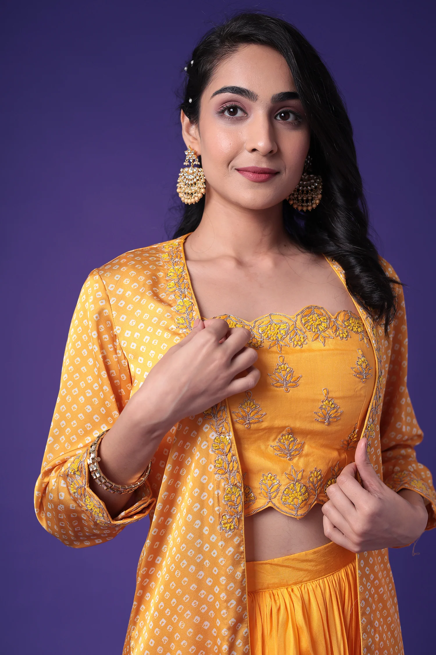 Bandhej Silk Jacket Style Indowestern with Dori and Embroidered work. - Image 17