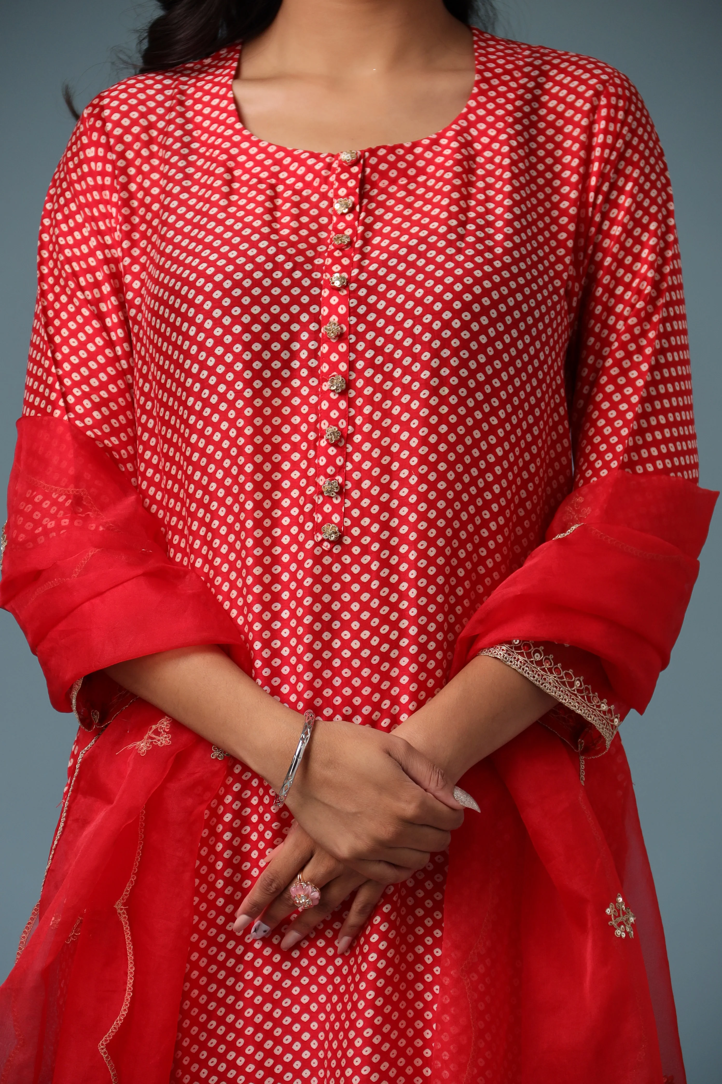 Bandhej Silk Kurta Stitched with Dori work. - Image 12