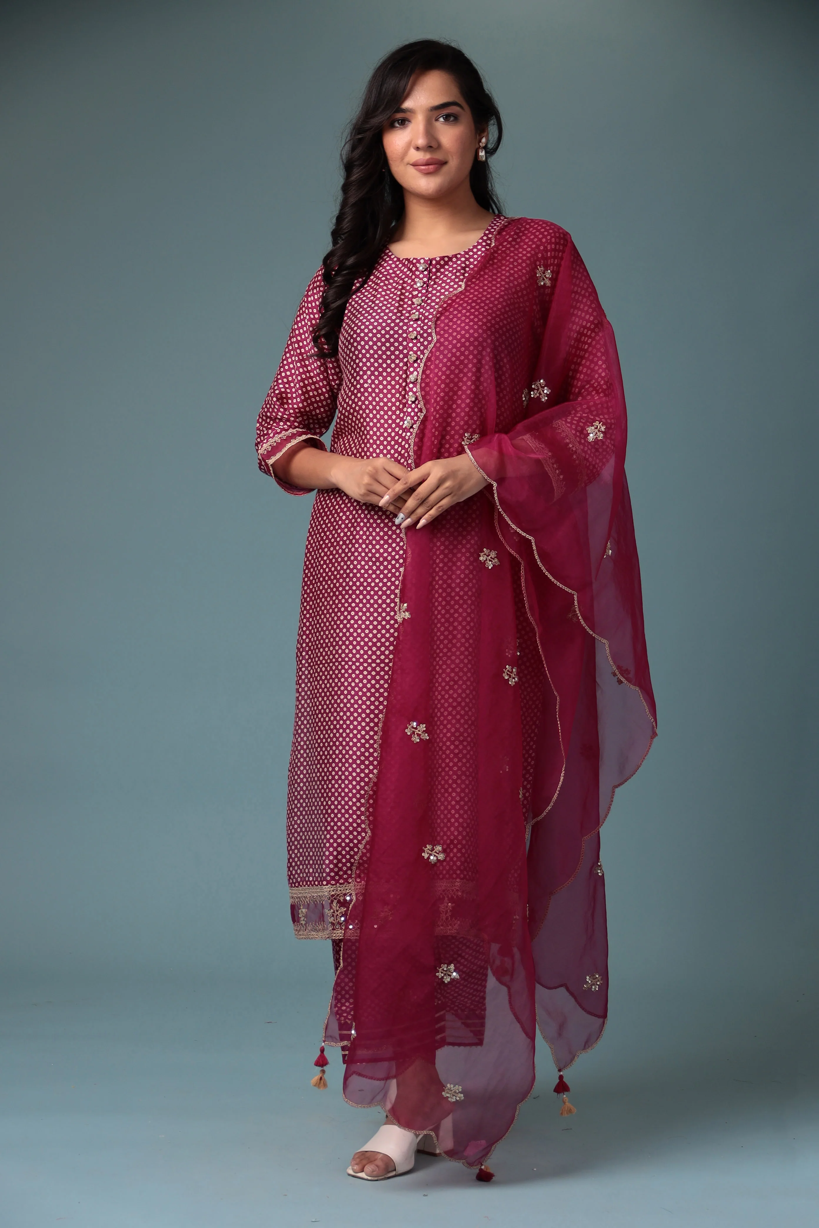 Bandhej Silk Kurta Stitched with Dori work. - Image 15