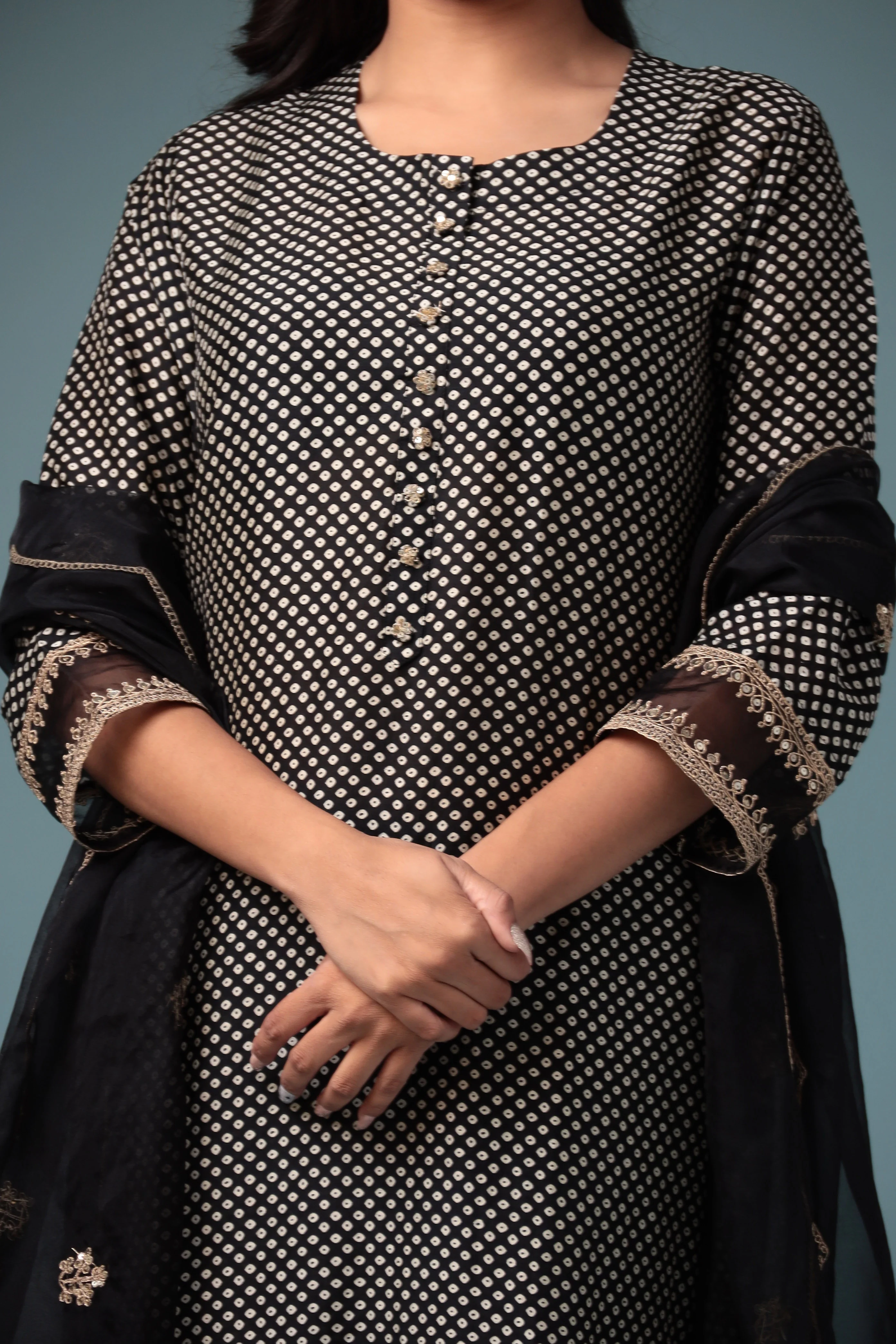 Bandhej Silk Kurta Stitched with Dori work. - Image 5