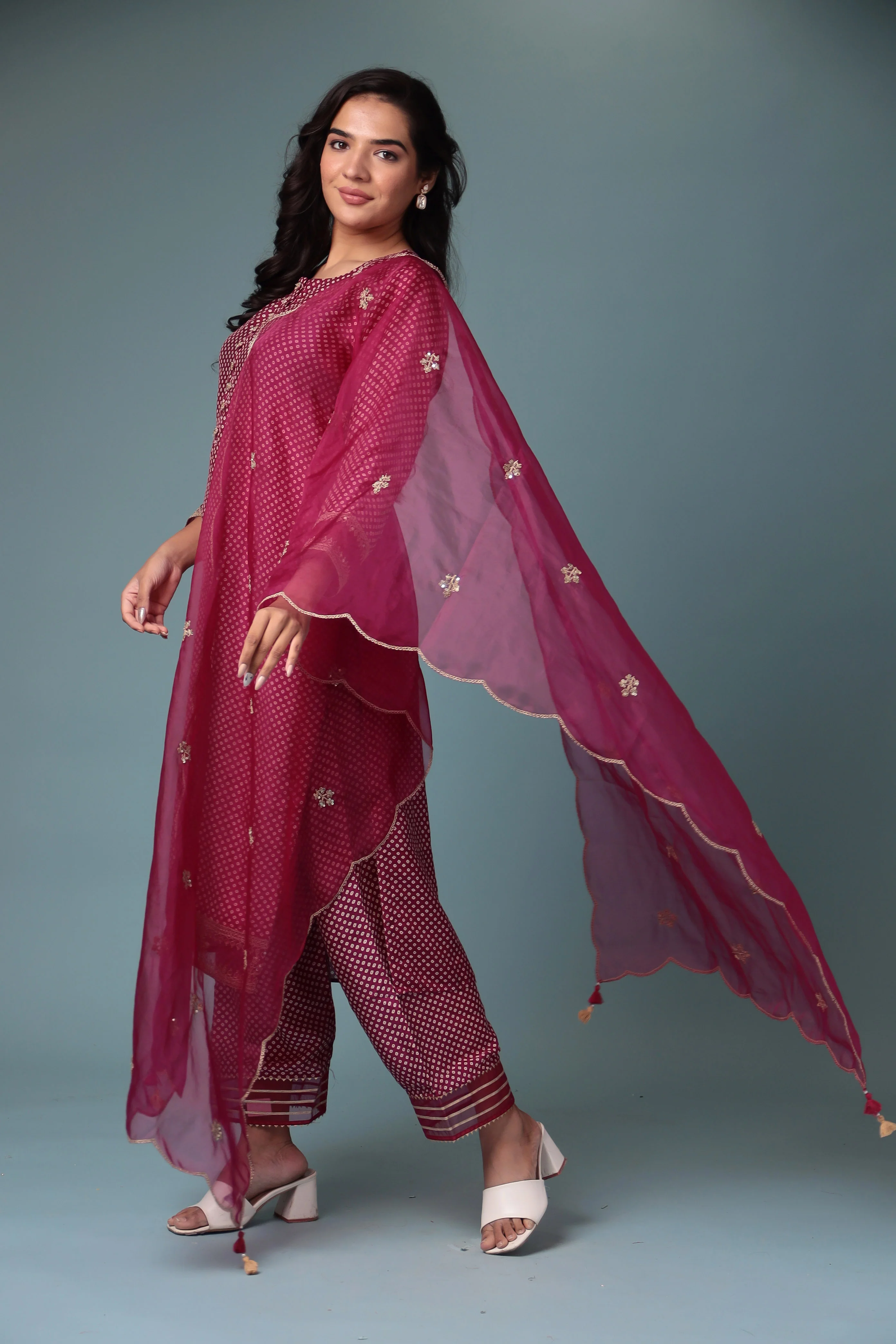 Bandhej Silk Kurta Stitched with Dori work. - Image 10