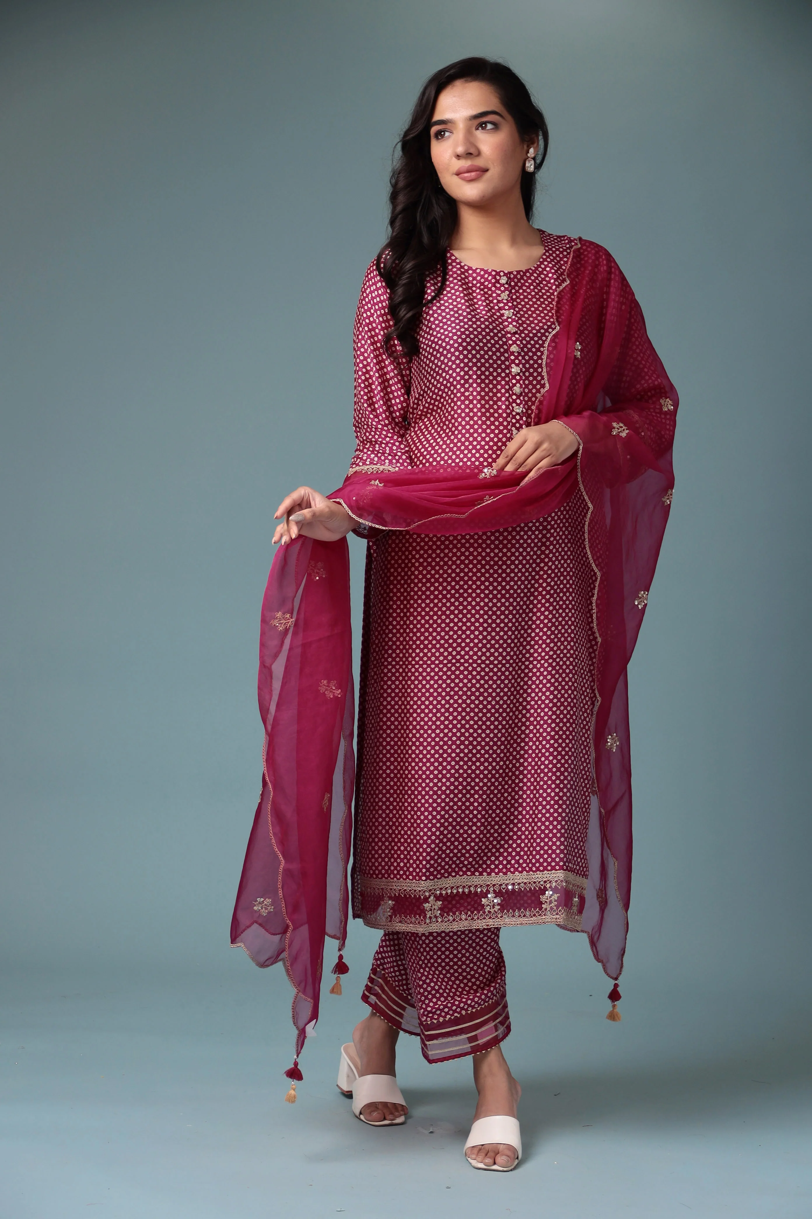 Bandhej Silk Kurta Stitched with Dori work. - Image 11