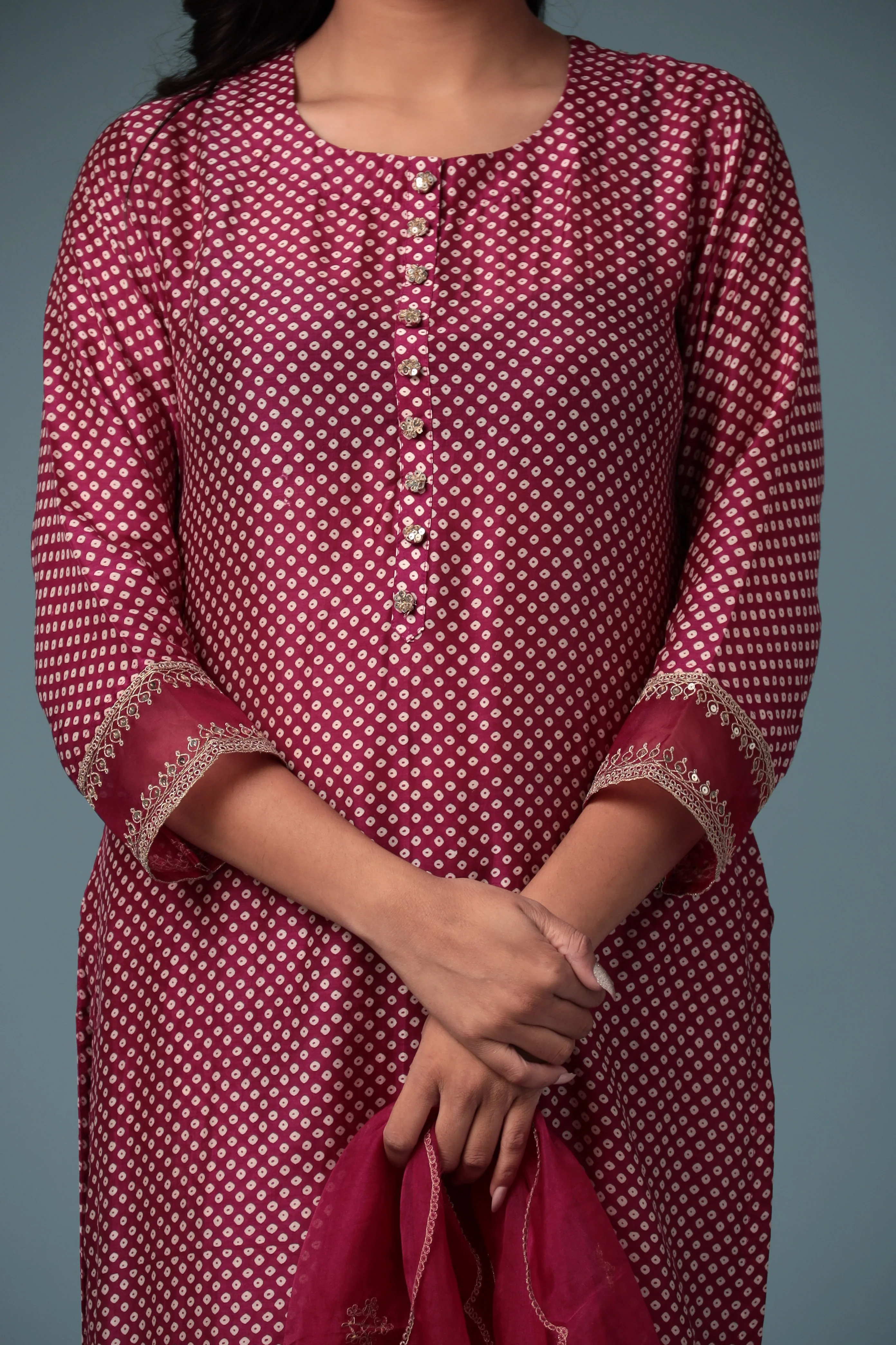 Bandhej Silk Kurta Stitched with Dori work. - Image 12