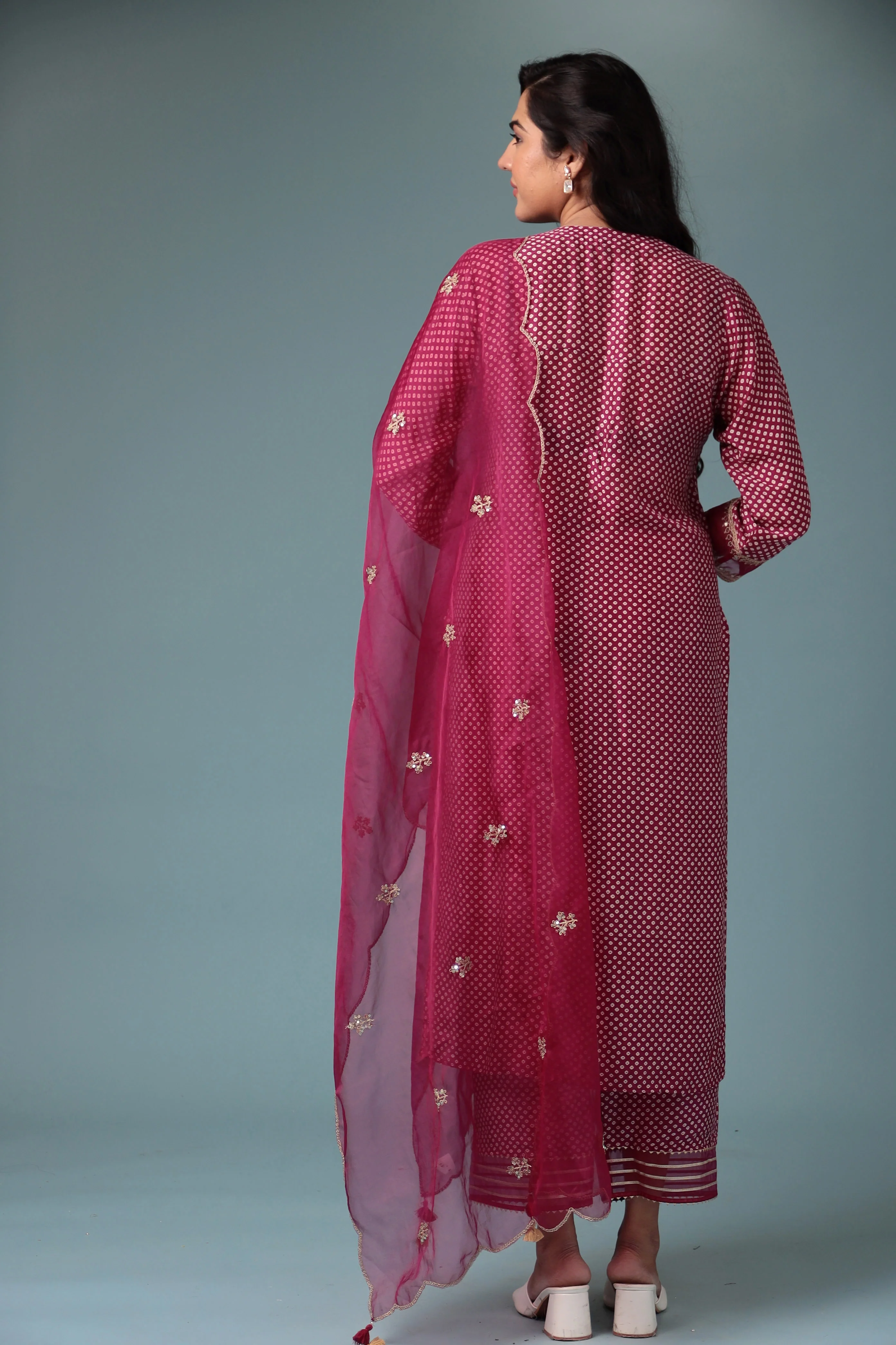 Bandhej Silk Kurta Stitched with Dori work. - Image 14