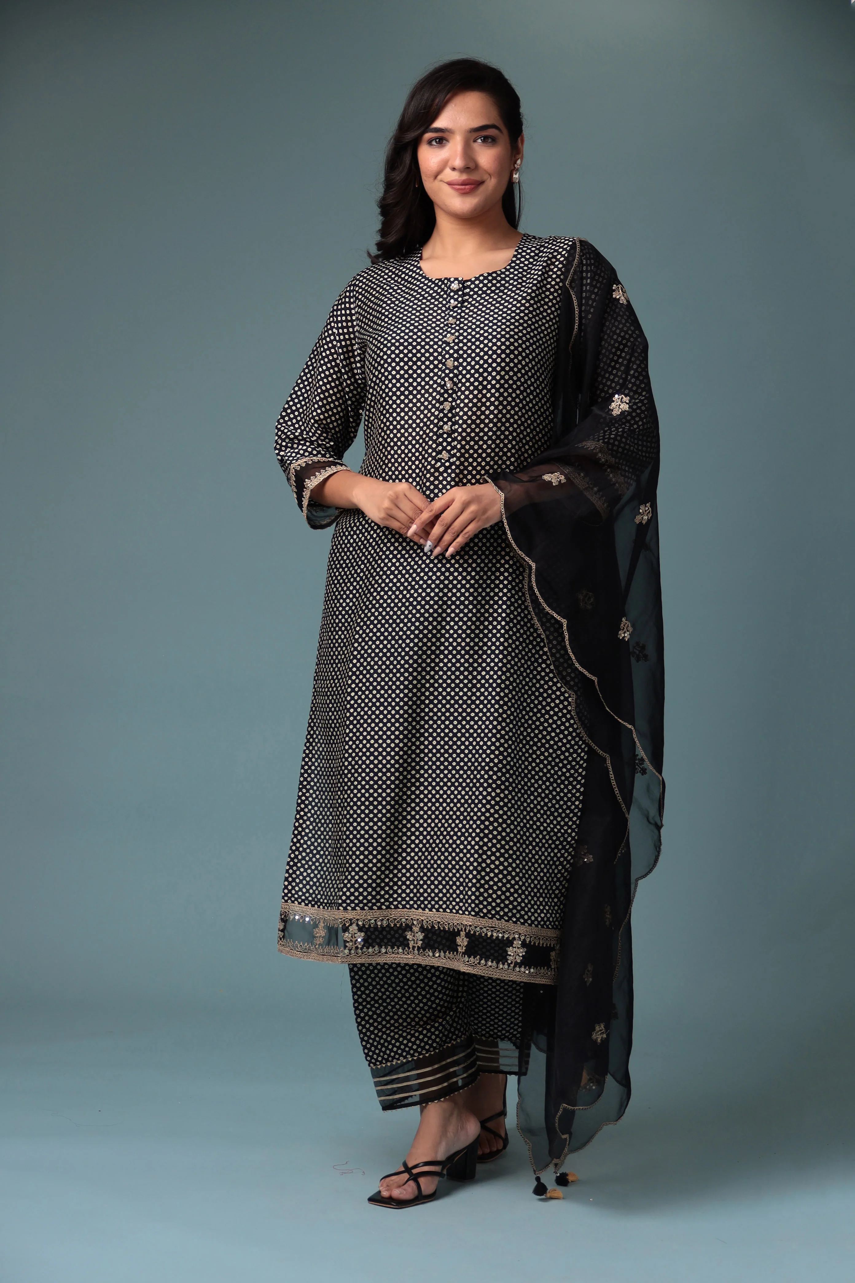 Bandhej Silk Kurta Stitched with Dori work. - Image 15