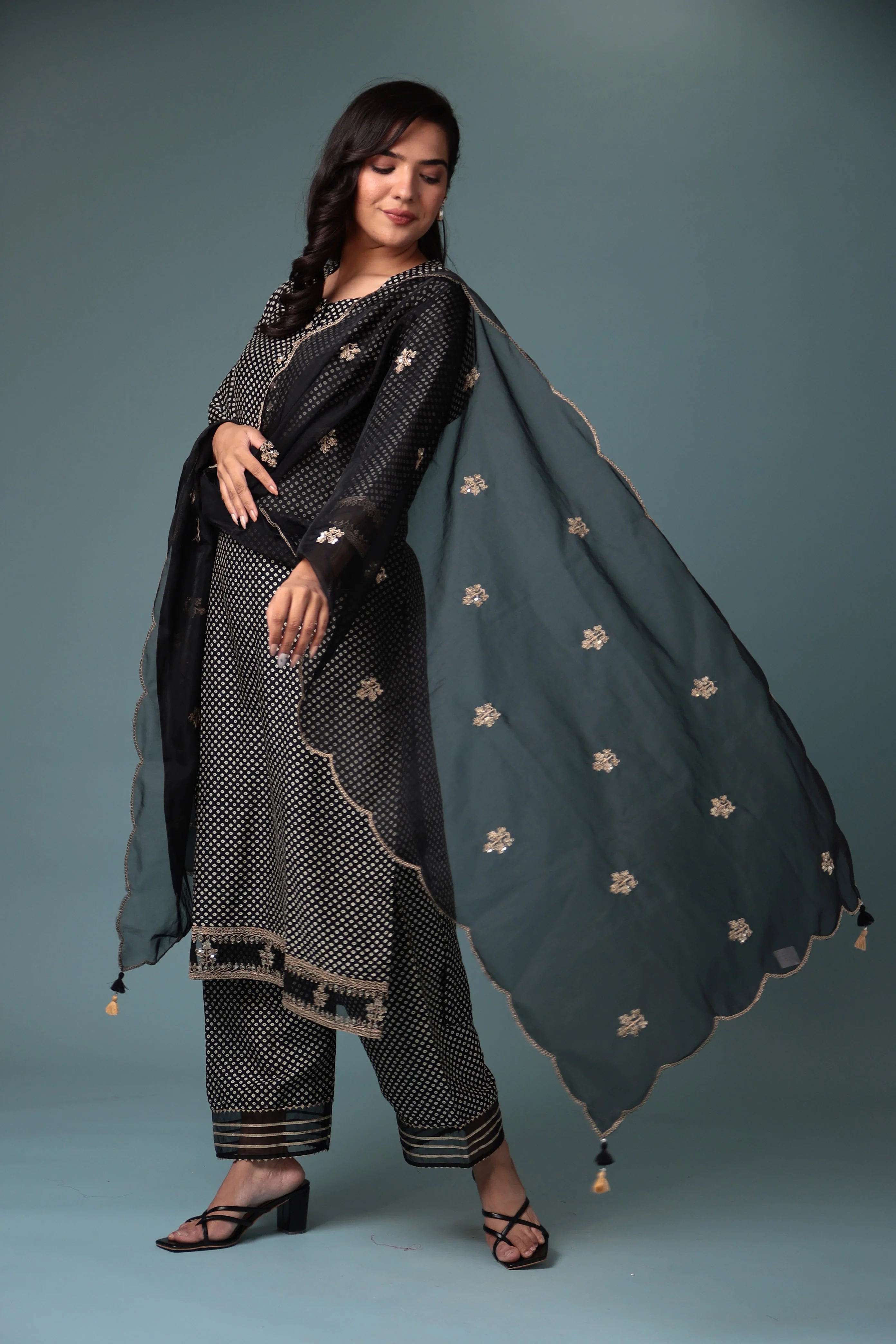 Bandhej Silk Kurta Stitched with Dori work. - Image 17