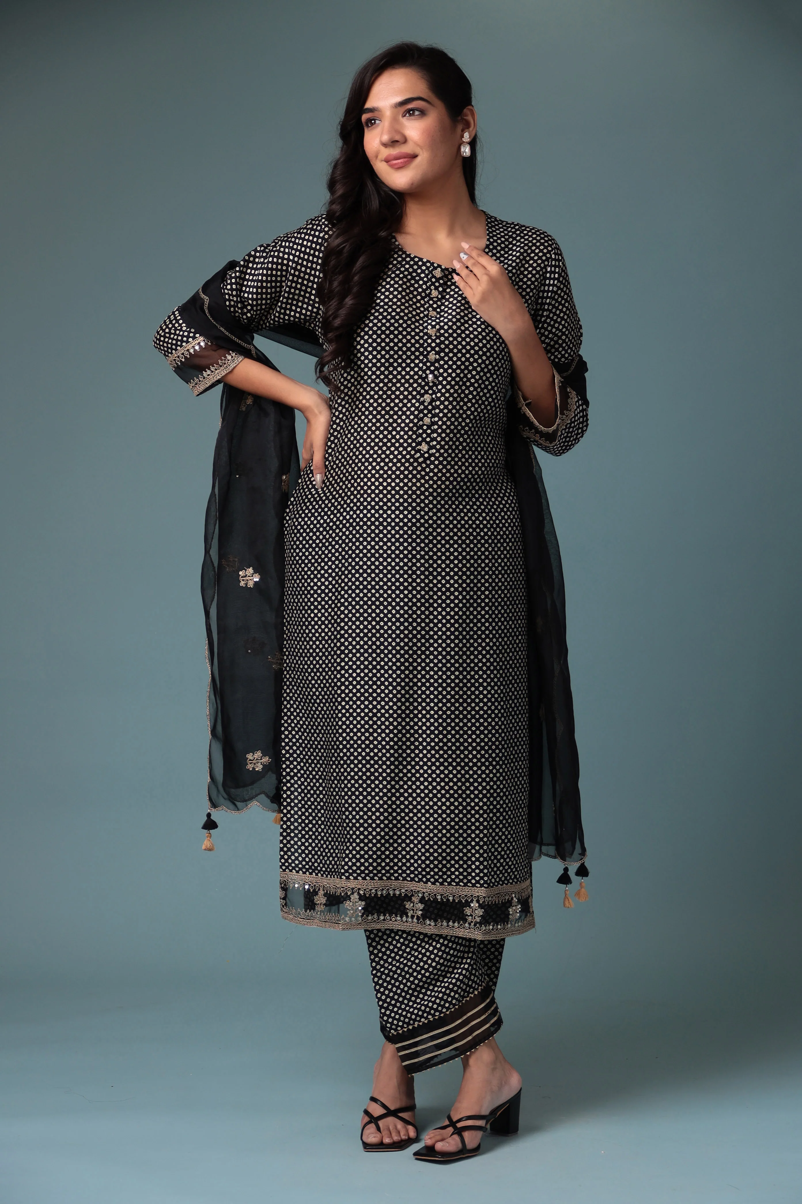 Bandhej Silk Kurta Stitched with Dori work. - Image 18