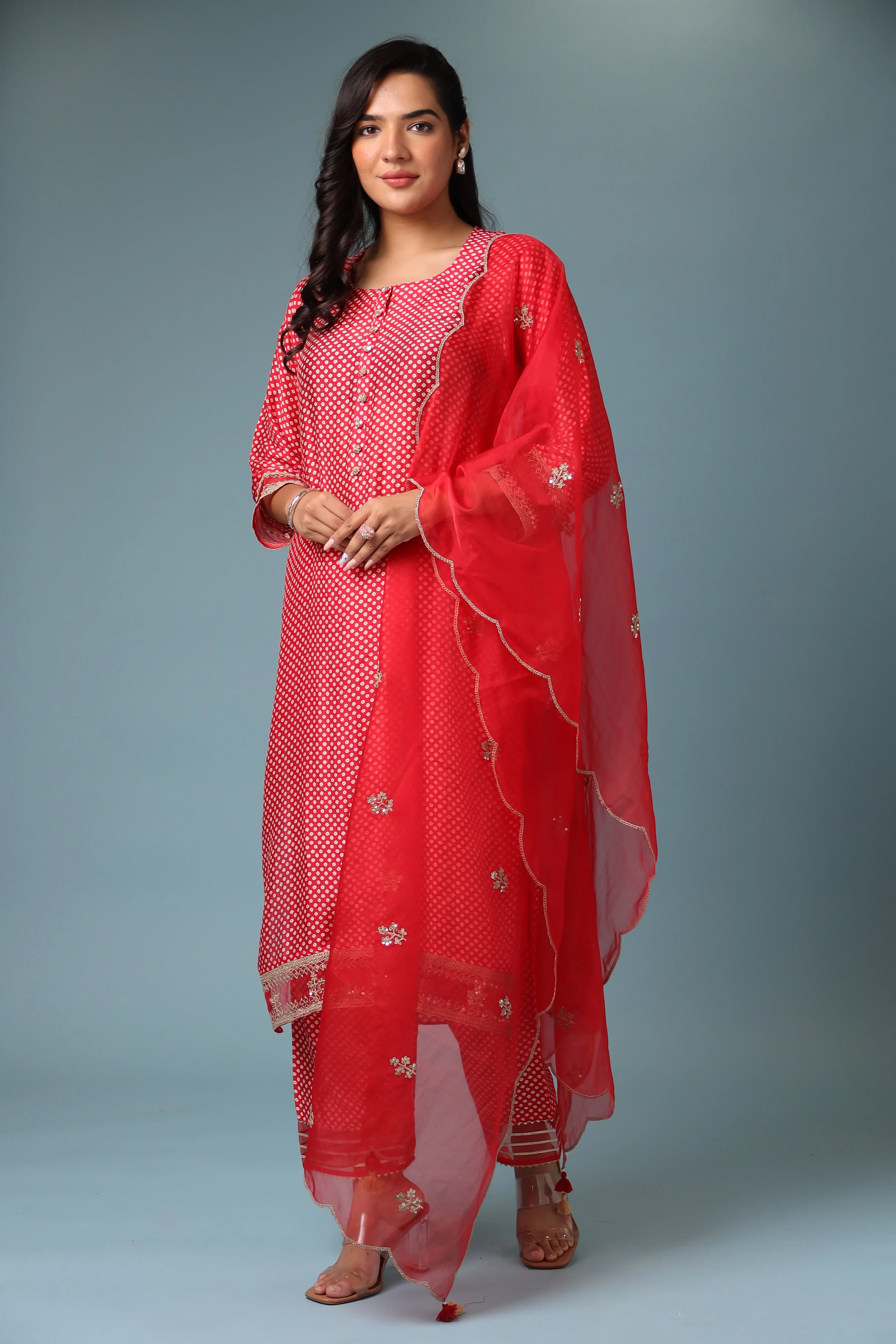 Bandhej Silk Kurta Stitched with Dori work. - Image 3