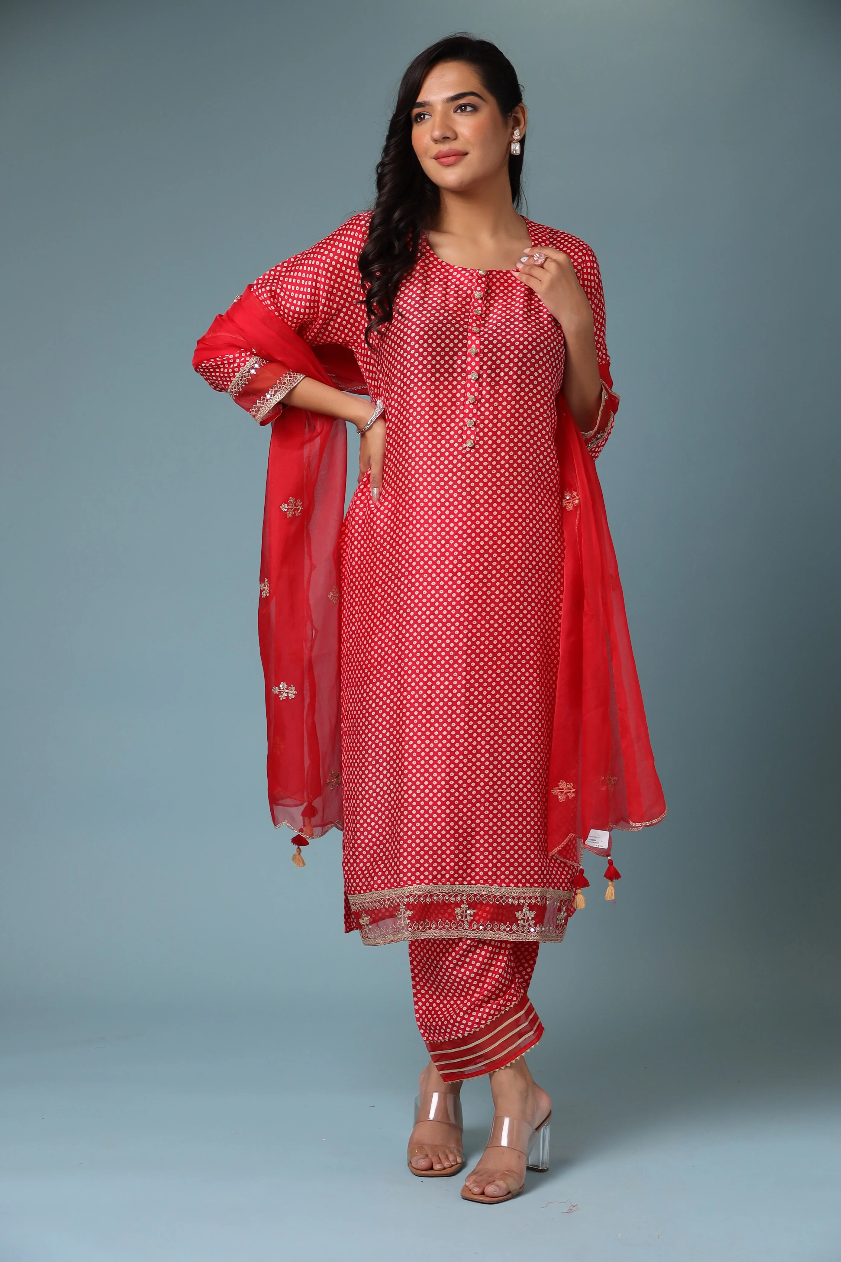 Bandhej Silk Kurta Stitched with Dori work. - Image 4