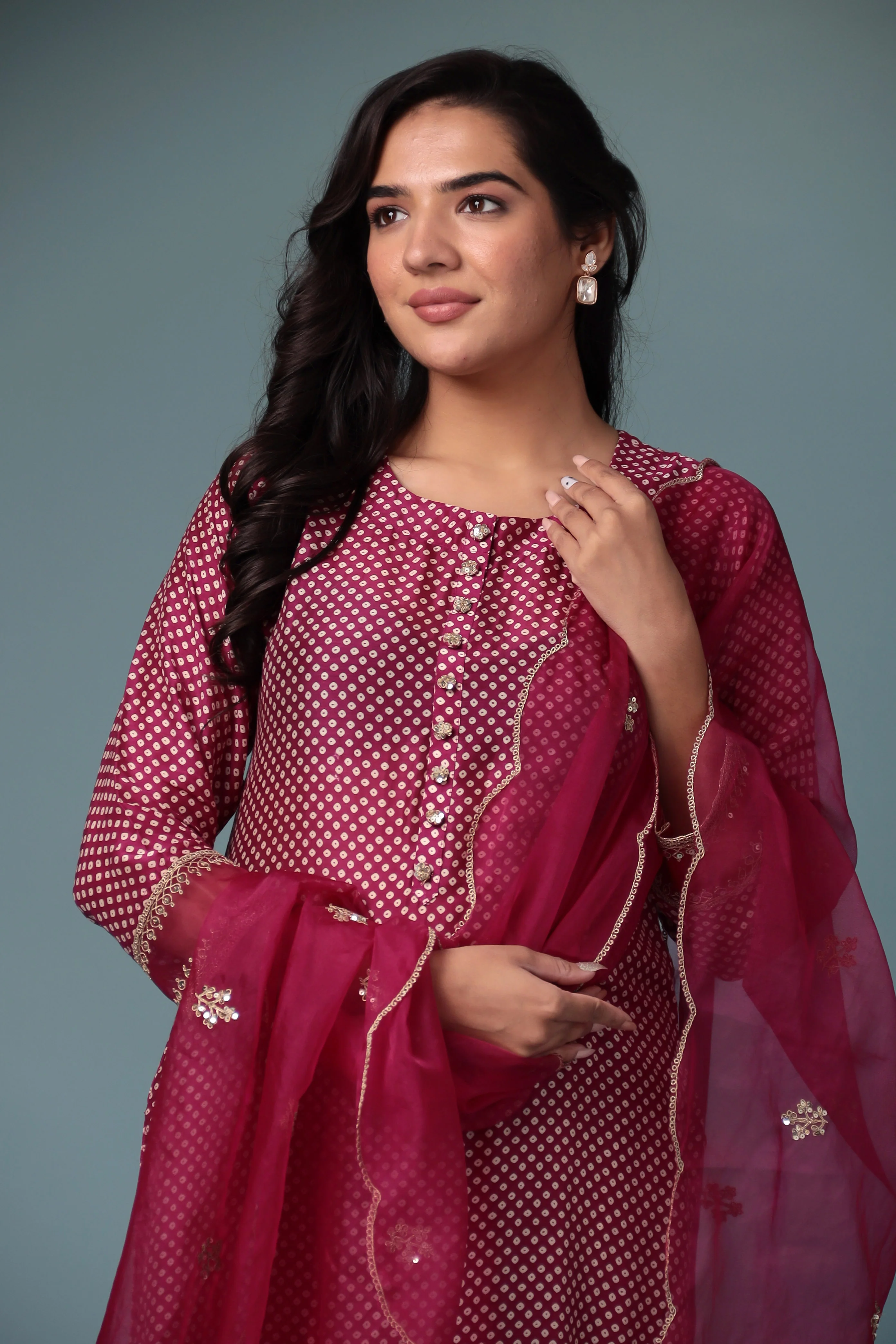 Bandhej Silk Kurta Stitched with Dori work. - Image 9