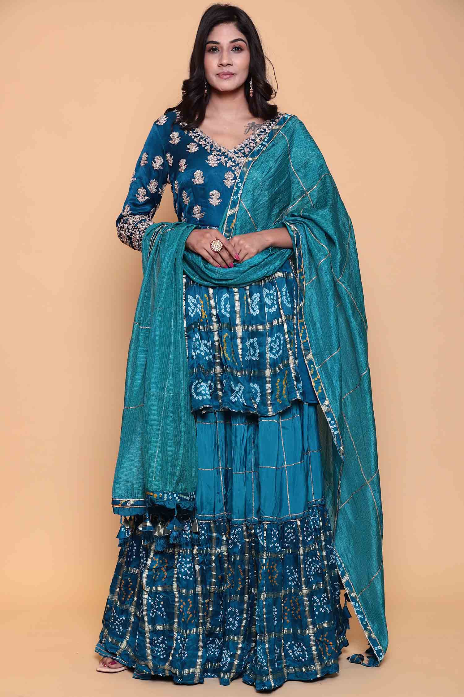 Bandhej ghatchola peplum kurta with skirt and zardozi embroidery. - Image 3